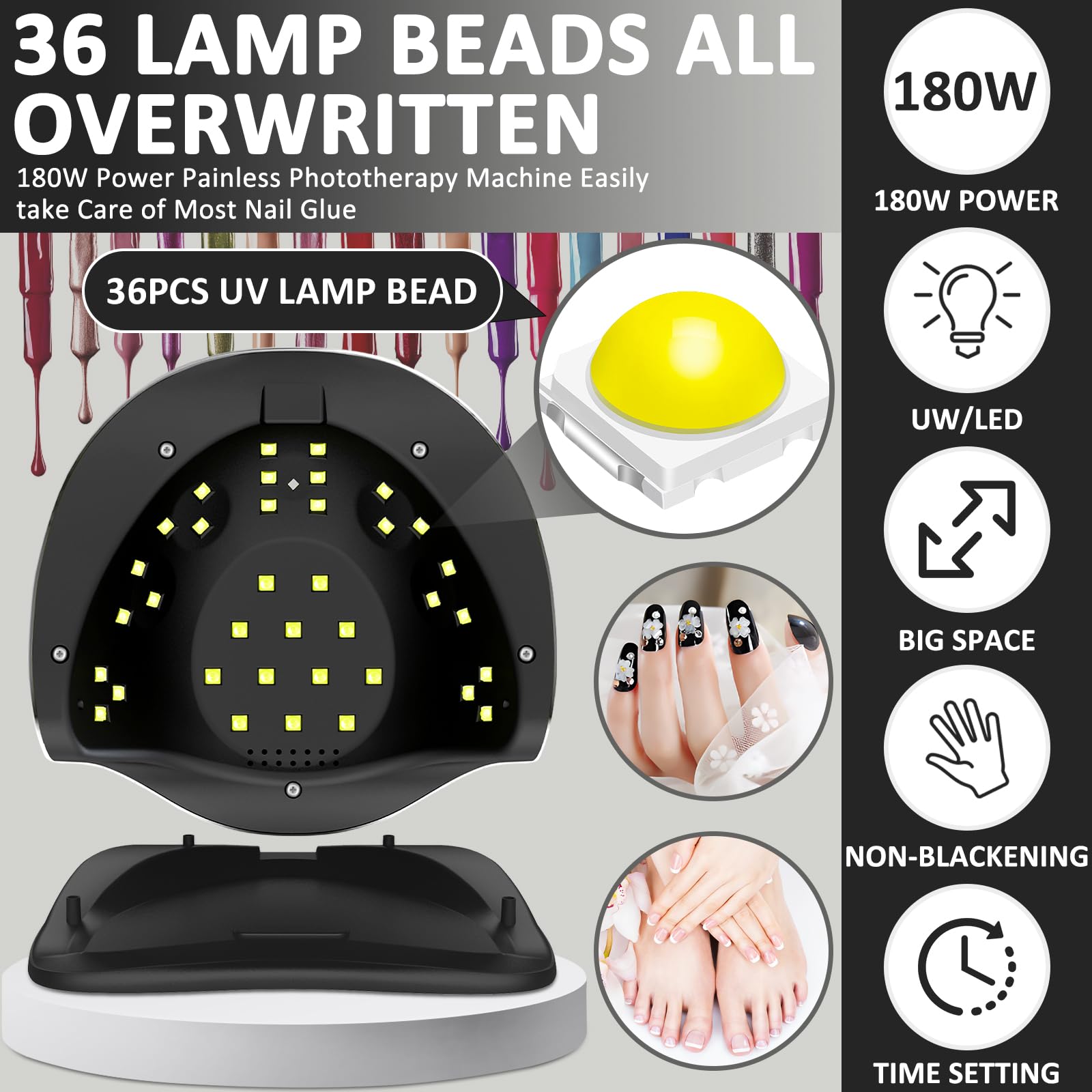 Lampada Unghie UV LED, 180W Fornetto Unghie Può Curare Rapidamente, con 4 Timer 10s/30s/60s/99s,Sensore Di Avvio Automatico, LCD Display Lampada per unghie per Gel Nail Polish Light, Nero