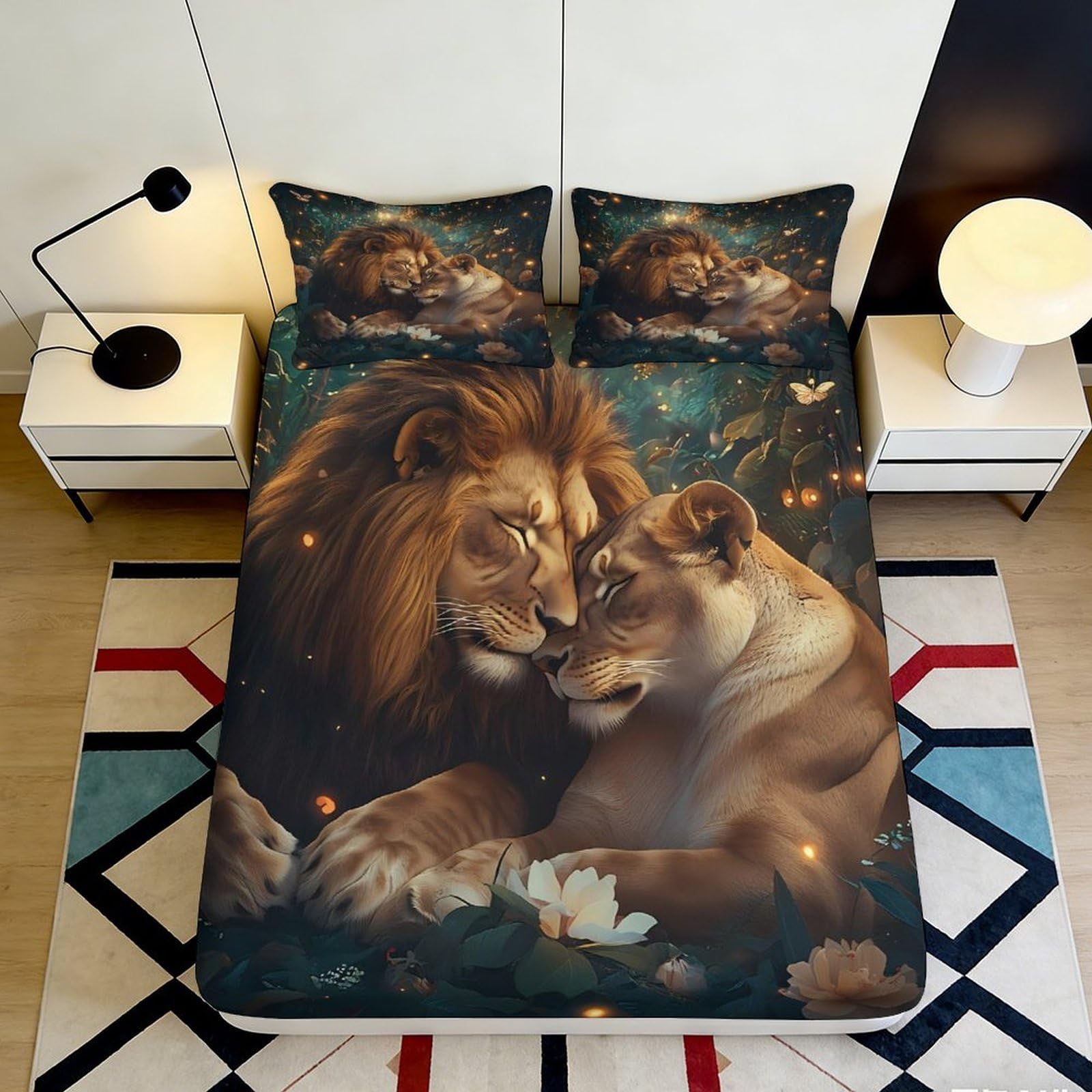 3D Printed Lion Couple Fitted Sheet Microfiber Deep Pocket Non-Slip Bedding Set Lion Design Mattress Fitted Cover Full Wrap Washable for Adults Bedroom 90x200x25cm