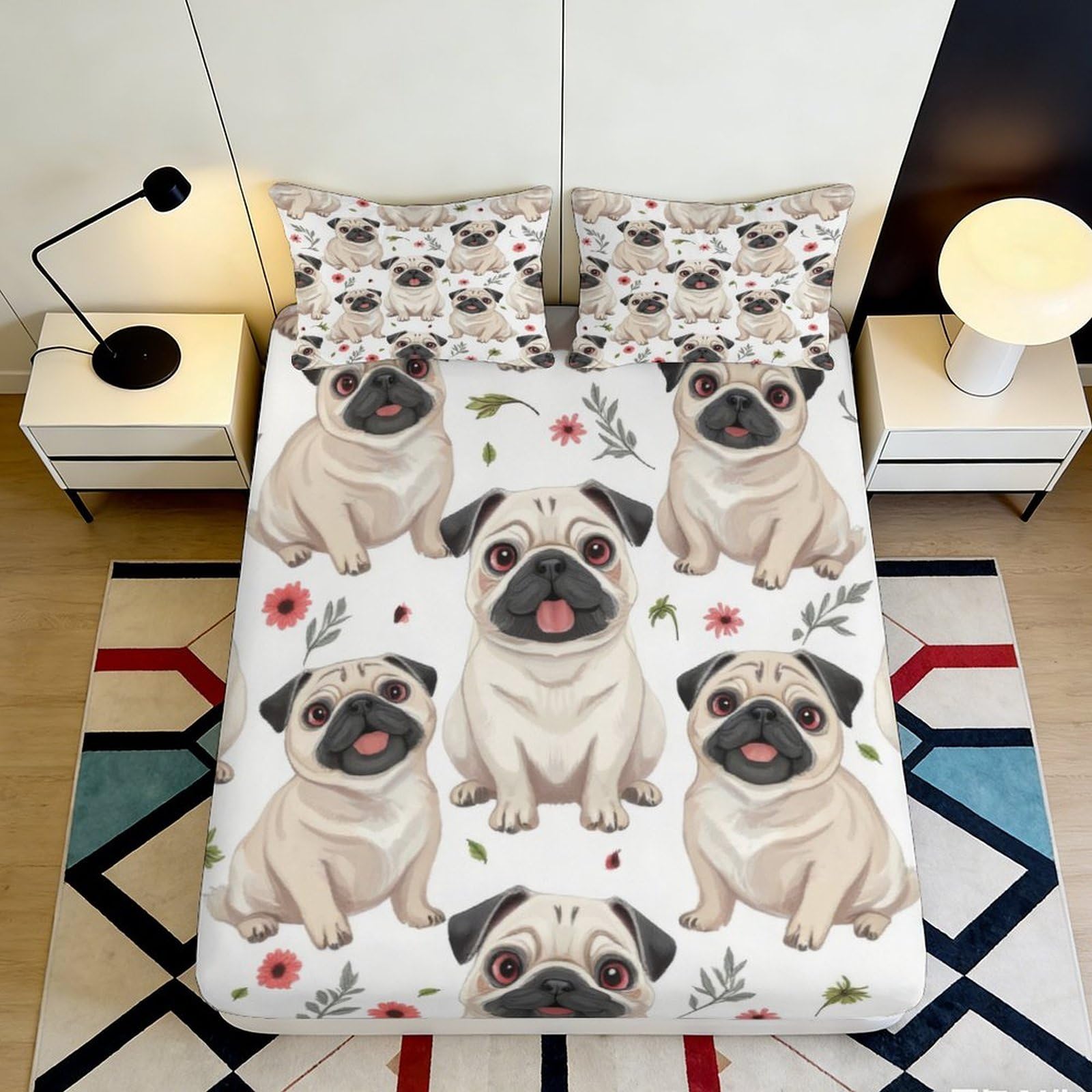 3D Printed Pug Dog Fitted Sheet Microfiber Soft Breathable Floral Bed Cover for Bedroom Dormitory Guest Room Mattress Protection Decor 200x200x25cm