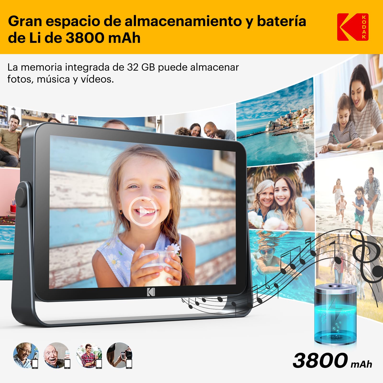 KODAK Marco De Fotos Digital WiFi De 10,1 Pulgadas, Batería De 4000mAh, 1920x1200 G+G IPS, Pantalla Táctil Inteligente, Marco De Fotos Digital Inteligente, Memoria Integrada De 32GB, Rotación