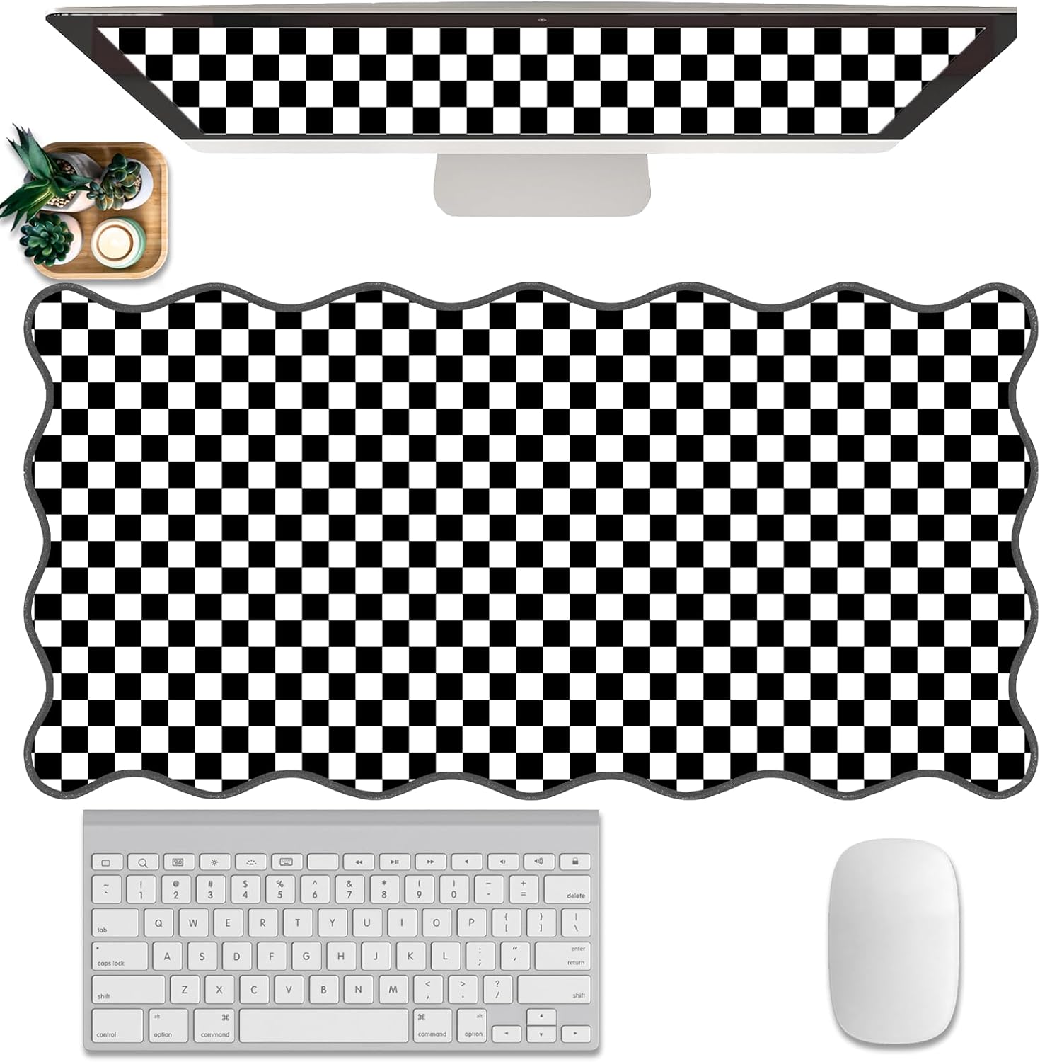 Scalloped Desk Mat Black and White Extended Large Mouse Pad Cute Desk Pad XXL Aesthetic Plaid Mousepad Checkered Gaming Mouse Pad for Keyboard Computer Laptop Office Accessories Girl 35.4X15.7Inch