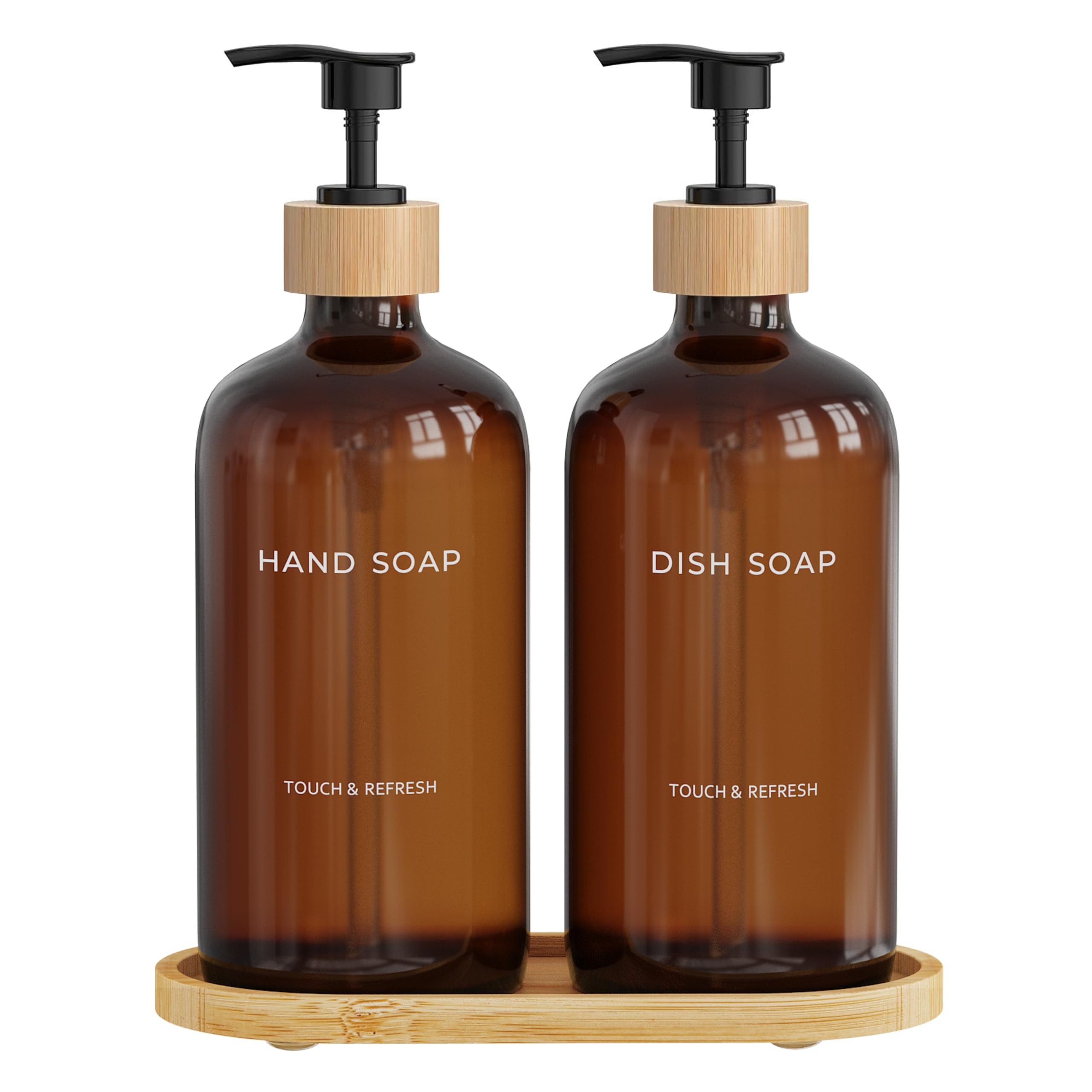 Amber Soap Dispenser Set with Tray - Hand and Dish Soap Dispenser with Bamboo Pump Bottles for Kitchen Sink, Modern Kitchen Decor & Accessories (Amber) — image 1