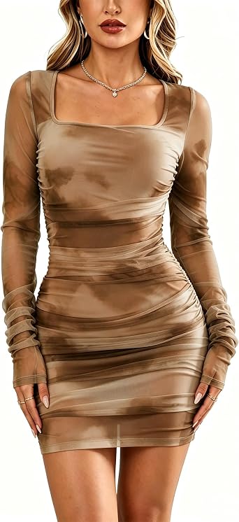 MOEENCN Womens Sexy Mesh Dress Square Neck Long Sleeve Ruched Printed Bodycon Party Club Cocktail Mini Dresses