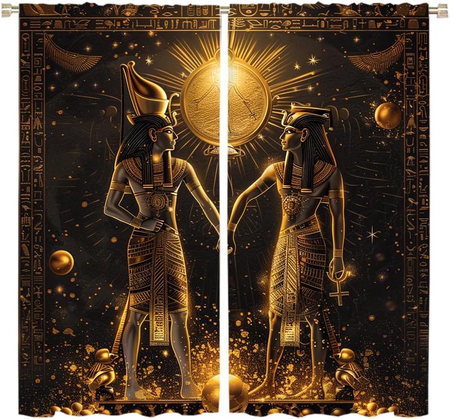 Abstract Egyptian Pharaoh Moon Blackout Curtains Watercolor Ancient Egyptian Temple Mythological Hieroglyphics Print Blackout Curtains for Living Room Bedroom Etc. 2 Panels 84" L x 42" W