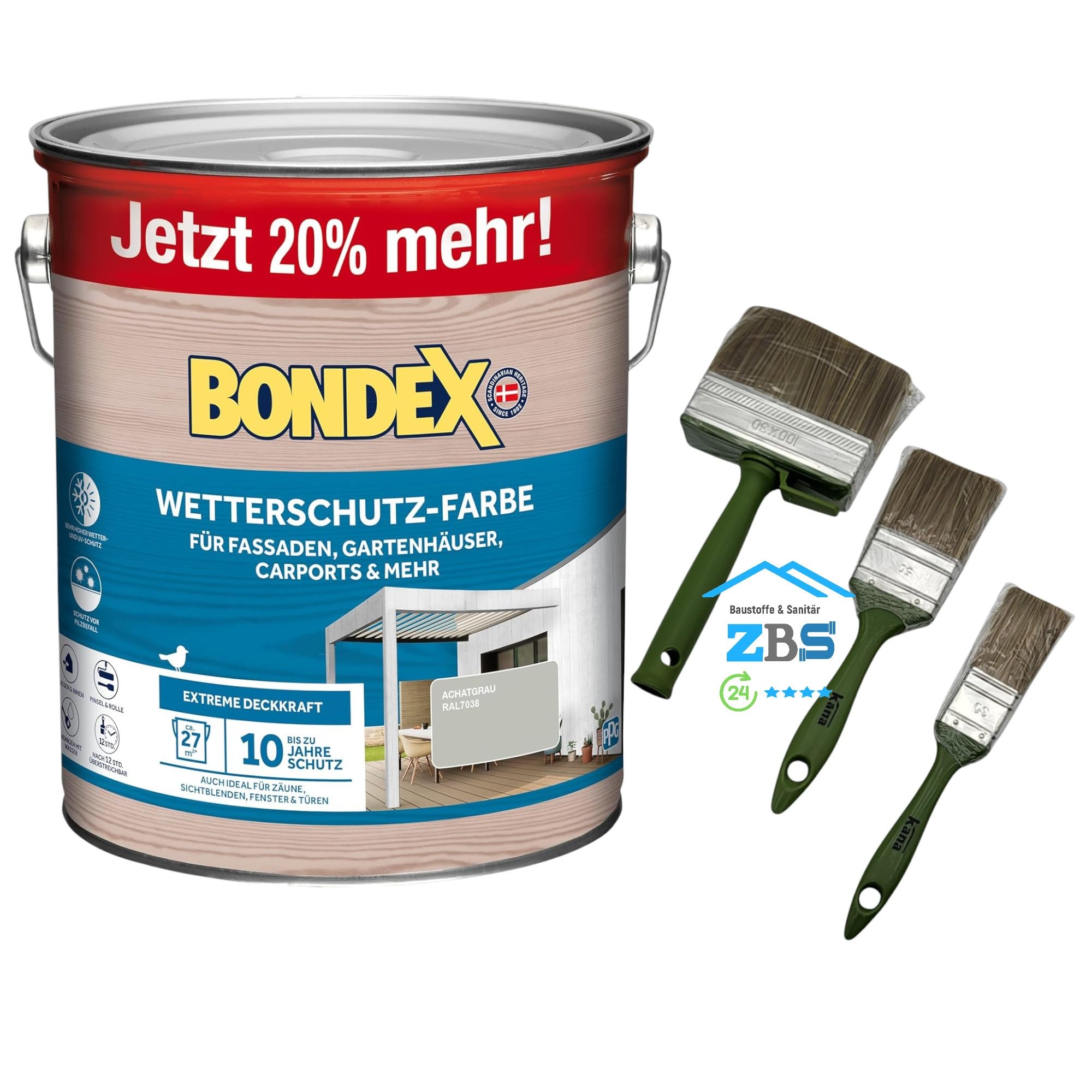 zbs24 Bondex Wetterschutzfarbe für Außen, atmungsaktiv, bis zu 10 Jahre Wetterschutz, extreme Deckkraft, einfache Verarbeitung, für Holz, inkl. 3-teiliges Pinselset (achatgrau RAL7038, 3 Liters)