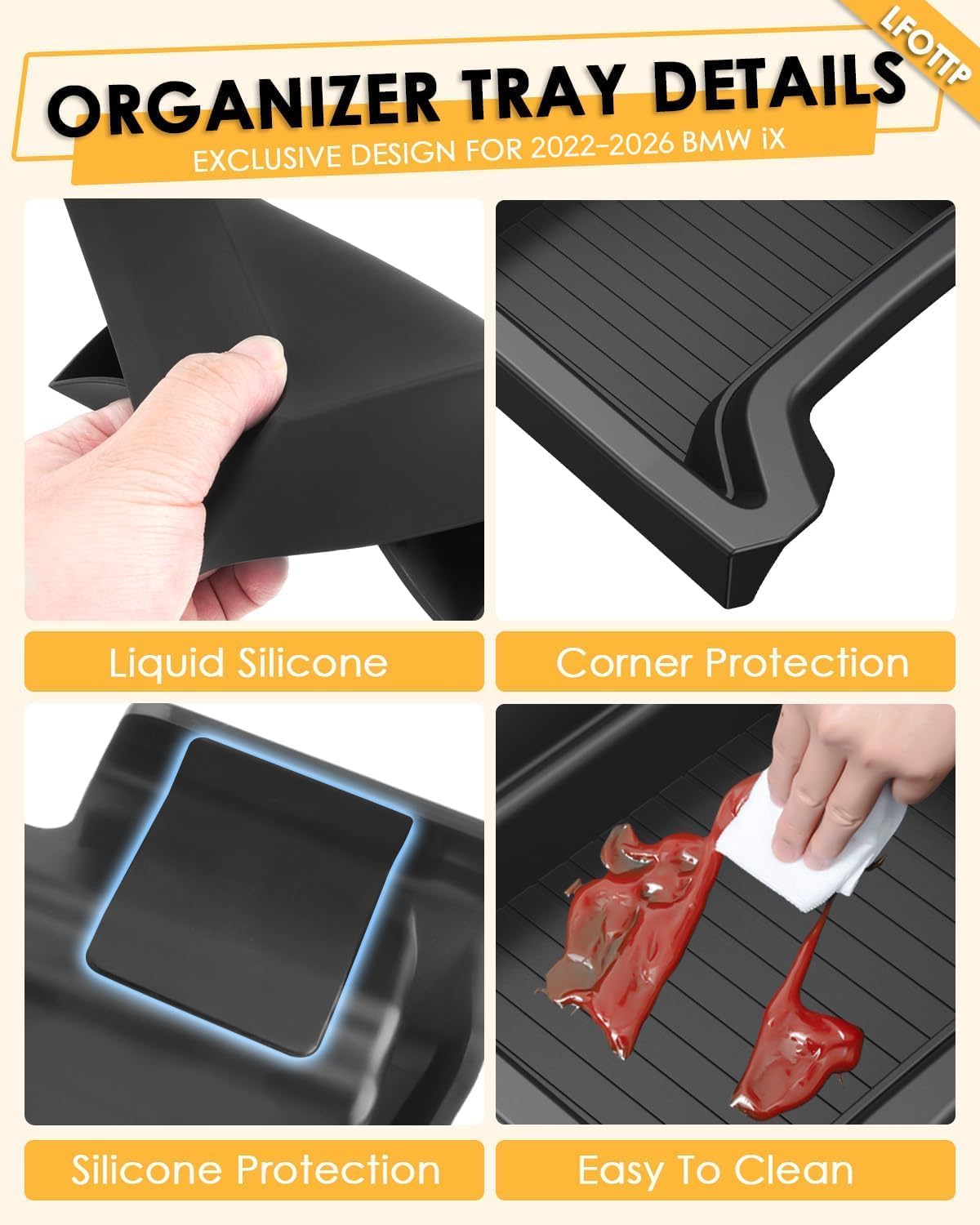 For BMW iX Center Console Tray - Compatible with 2022-2026 BMW iX45 Center Console Organizer Tray with Anti-Slip Thick Liquid Silicone Mat-Black [2.5mm Thickened ABS Material] [2026 Patented Design]