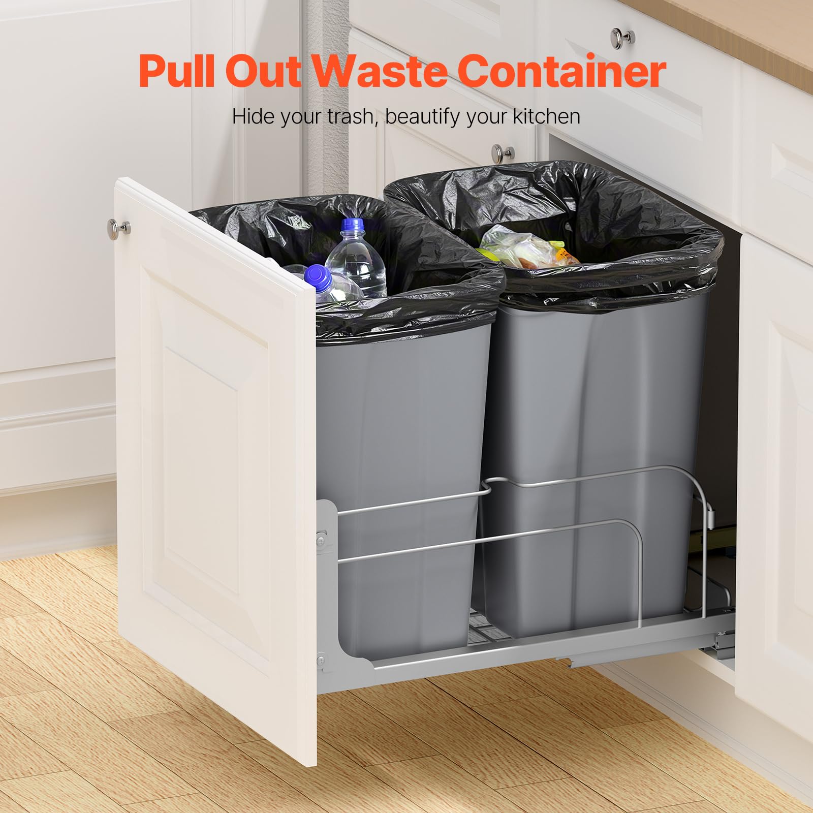 VEVOR ausziehbarer Abfallbehälter (35 Qt x2), doppelter Unterbau-Küchenabfallbehälter, Mülleimer mit Türsatz & Soft-Close-Schieberegler, für Küchenschrank Spüle unter der Theke (grau)