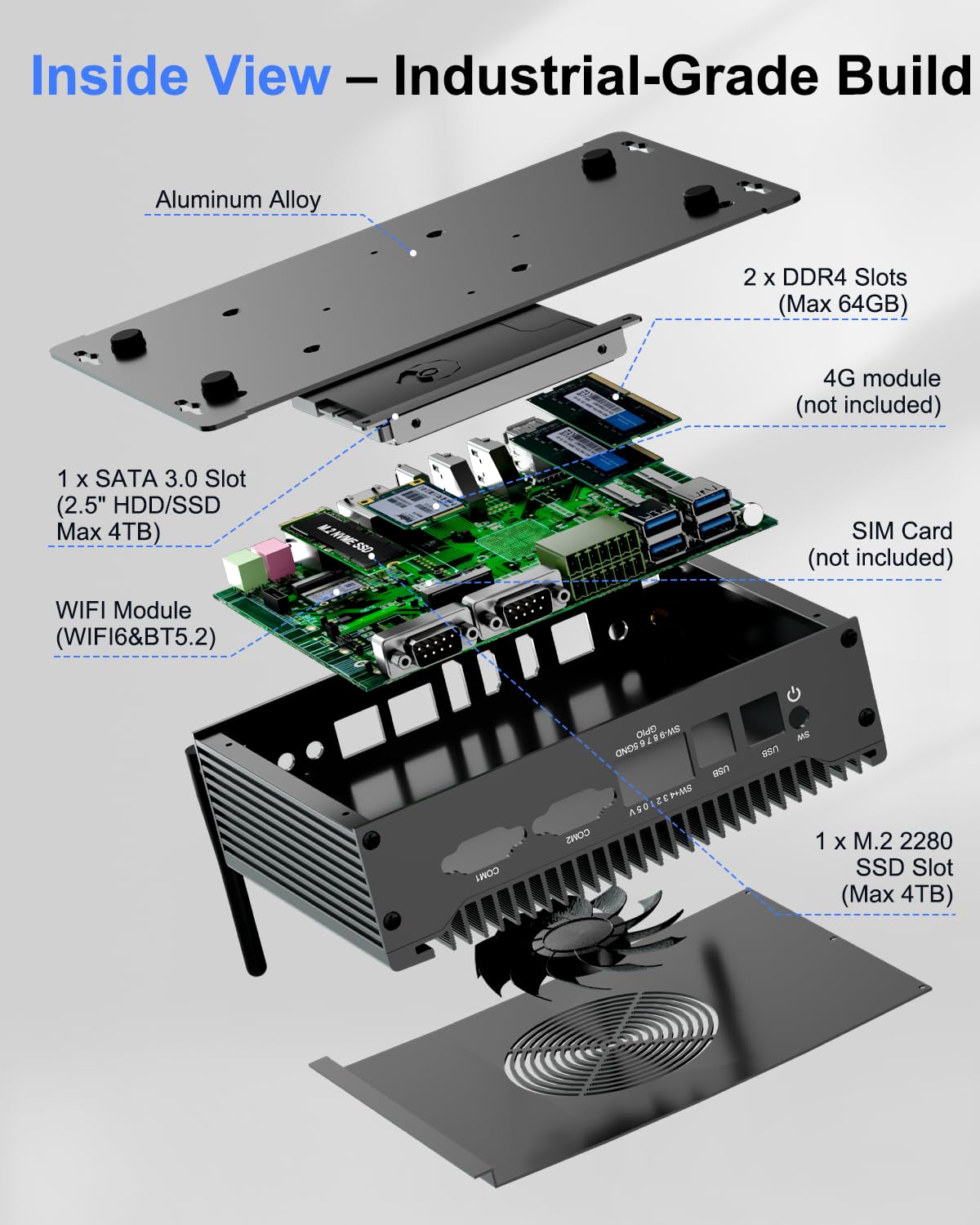 Przemysłowy Mini PC i5-1235U 64GB RAM 512GB SSD Wentylator | Triple 4K 60Hz, Dual LAN, 2x RS232/422/485, GPIO, WiFi 6, BT, 5.2, 12V-19V DC (12V 6A standard), -10°C do 60°C, Auto Power On
