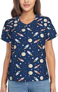 Rocket in Space Printing T-shirt för kvinnor, kortärmad v-ringad sommar, klassisk passform, S-3XL, premium-t-shirts
