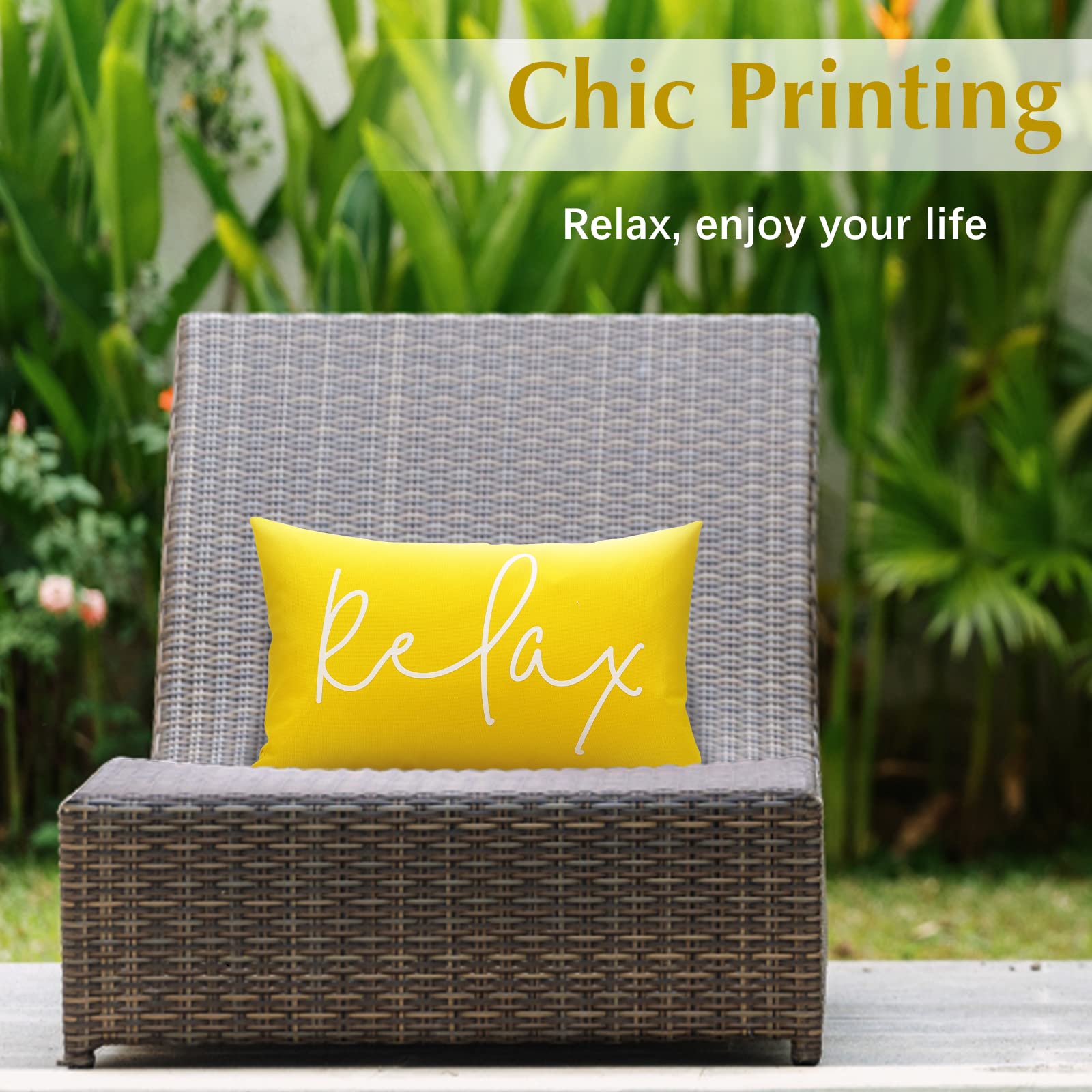 Lewondr Housses de Coussin d'Extérieur Imperméables, 2 PCS 30x50cm Taies à Motif Relax, Housses de Coussin Décoratives Jardin d'Été pour Canapé de Terrasse Balcon Véranda, Jaune