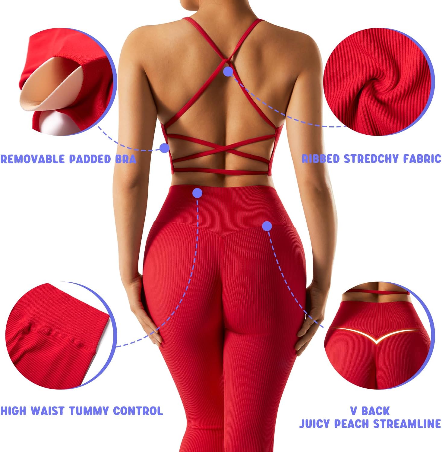 OMKAGI 2 Piece Workout Sets for Women Padded Workout Tops Booty Leggings with Pockets Gym Sets - Image 2