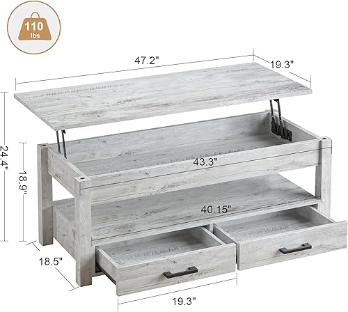 Miniatura 3 de FABATO Mesa auxiliar grande de 47.2 pulgadas, mesa auxiliar extragrande con cajones de almacenamiento, compartimento oculto, mesa central elevadora