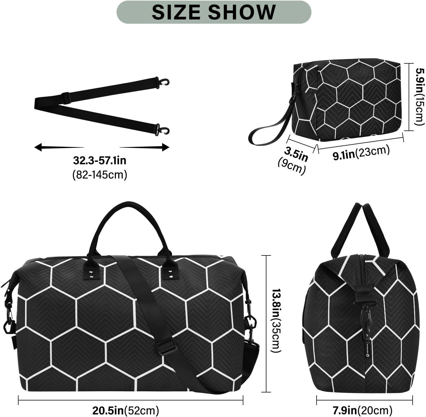 Travel Duffle Bag Gym Bag, Hexagonal Grid Black Background Weekender Bags for Women with Toiletry Bag Travel Tote Bag Swim Bag