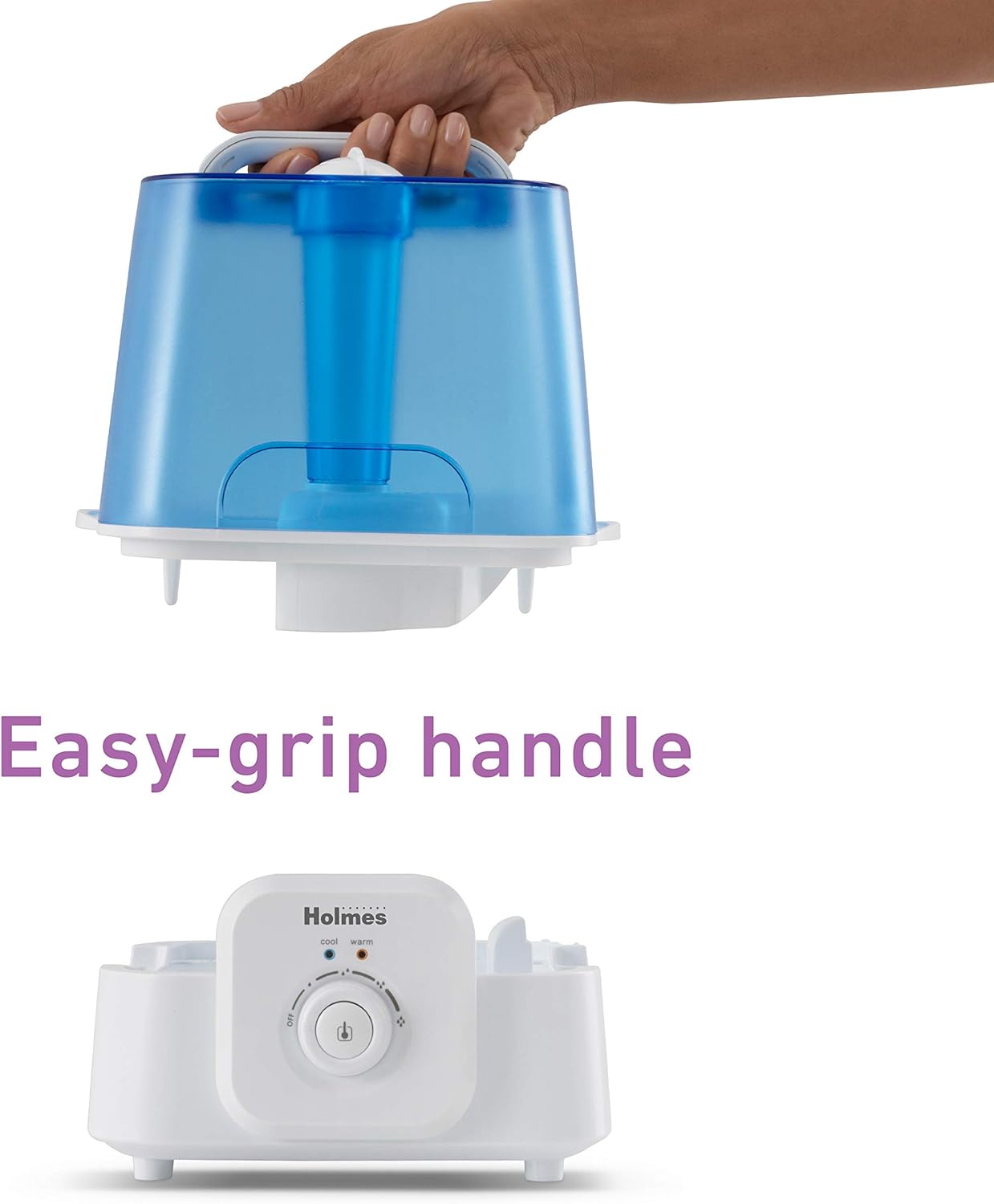 Person lifting the water tank of the Holmes HUL310-U-2 Humidifier using the easy-grip handle