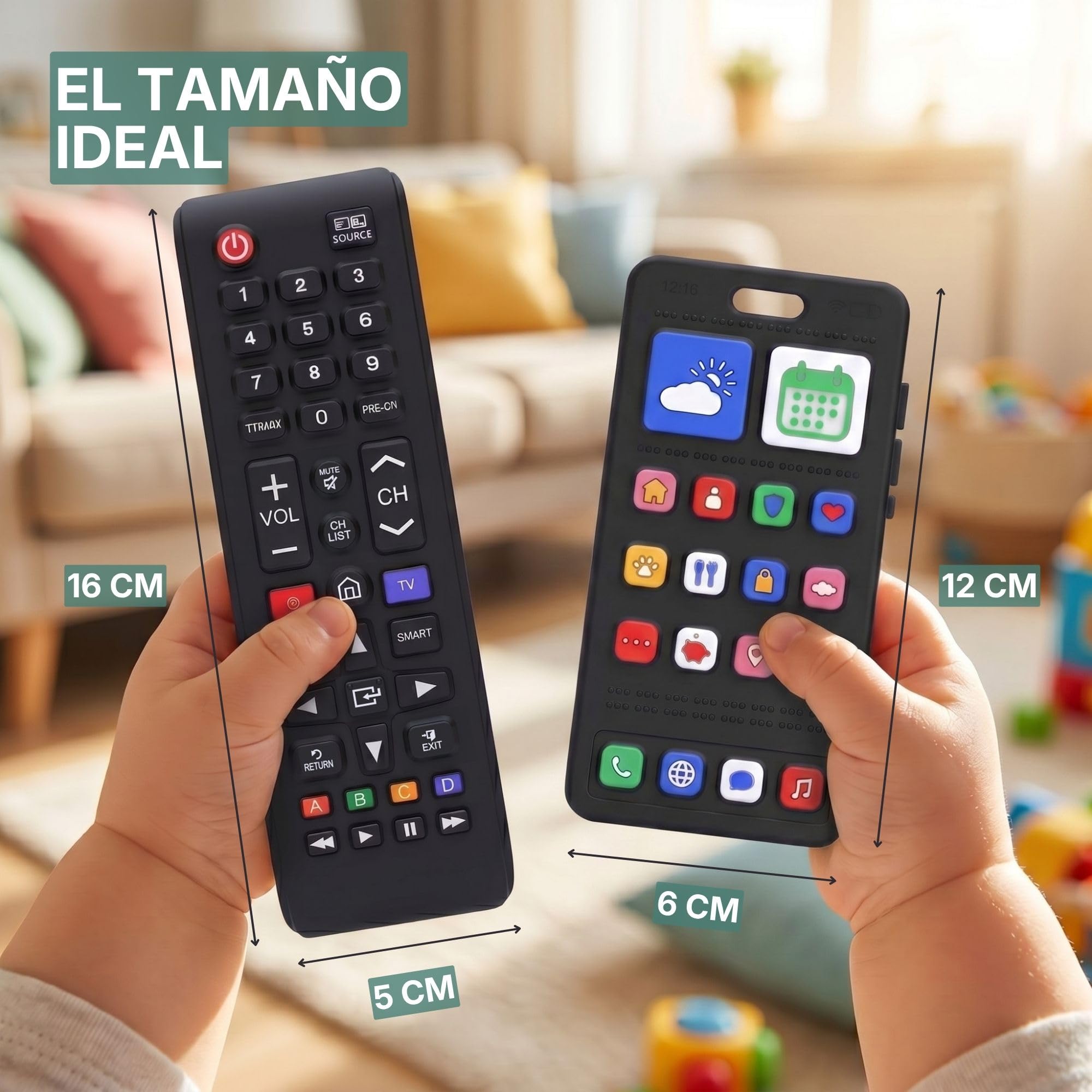 Mando a distancia para bebé y teléfono para bebé - Juguete realista sin electrónica - Mordedor de silicona 100% para niños y niñas - Sin BPA - Broemba® Bari