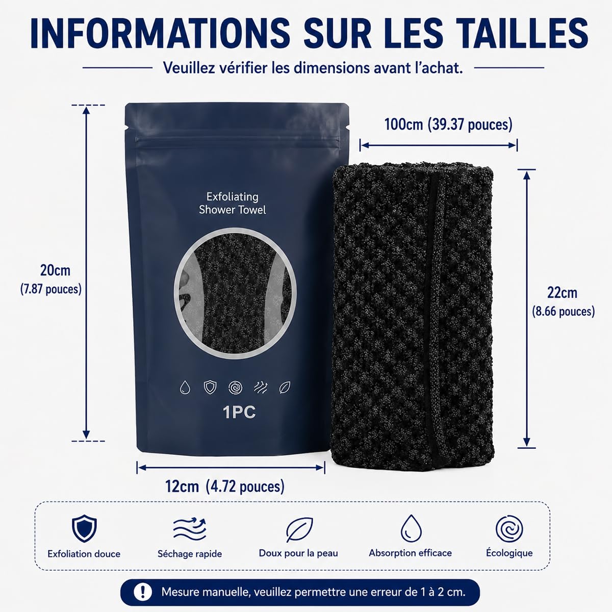 Serviette De Douche Exfoliante Ecovia, Exfoliation Douce, Serviette Exfoliante Douche, Homme Femme, Douce Corps et Visage, Pour Les Voyages Et Les Soins Corporels Quotidiens (Noir+rose+bleu)