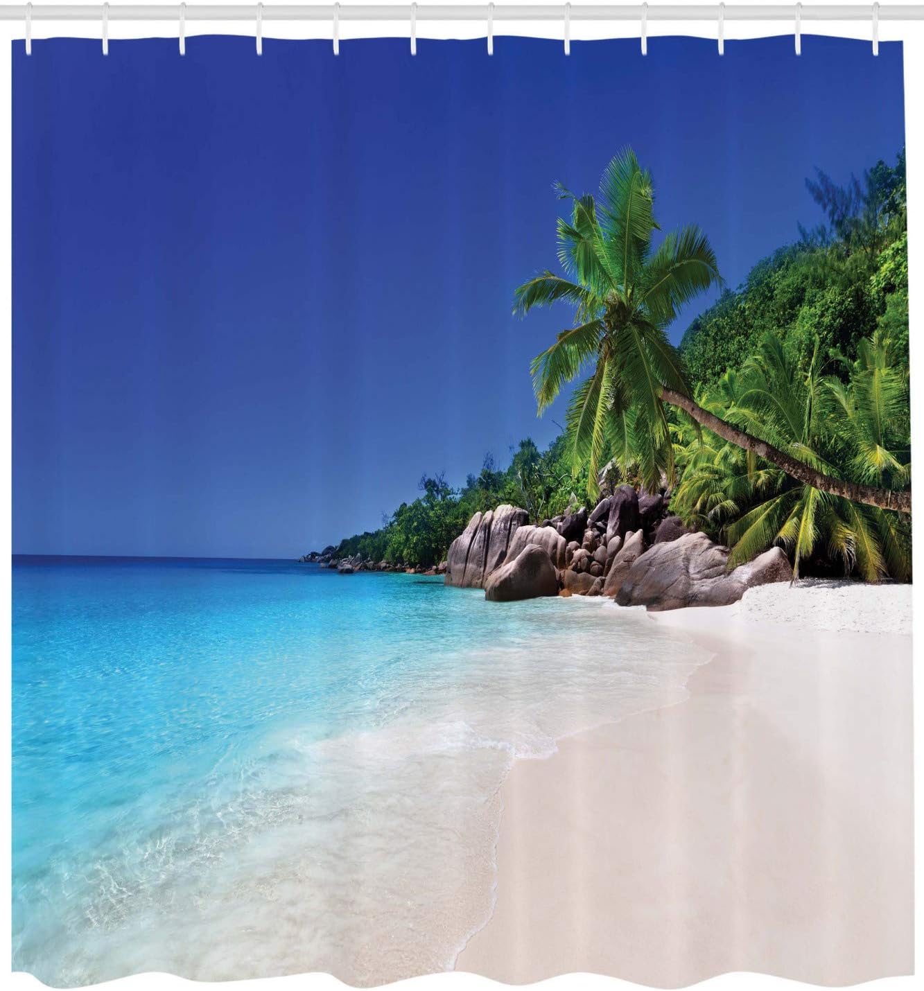 Lunarable Beach Shower Curtain, Beach at Praslin Island Seychelles Getaway Destinations with Distant Hills, Cloth Fabric Bathroom Decor Set with Hooks, 105" Extra Wide, Blue Green Ivory