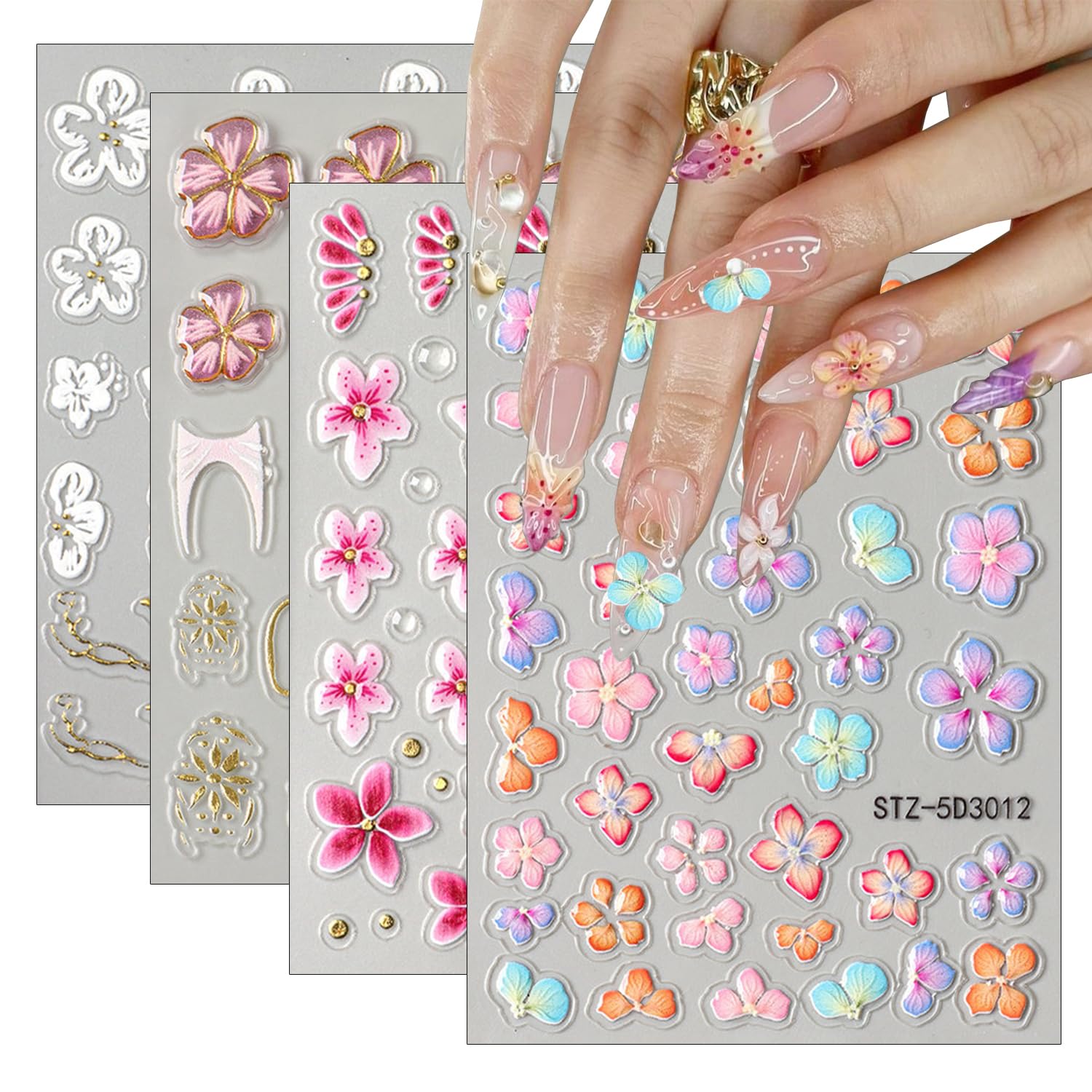 Flower Nail Stickers for Nails Art 5D Embossed Colorful Pink White Floral Butterfly Designs Self-Adhesive Nail Decals Gel Stickers French Flower