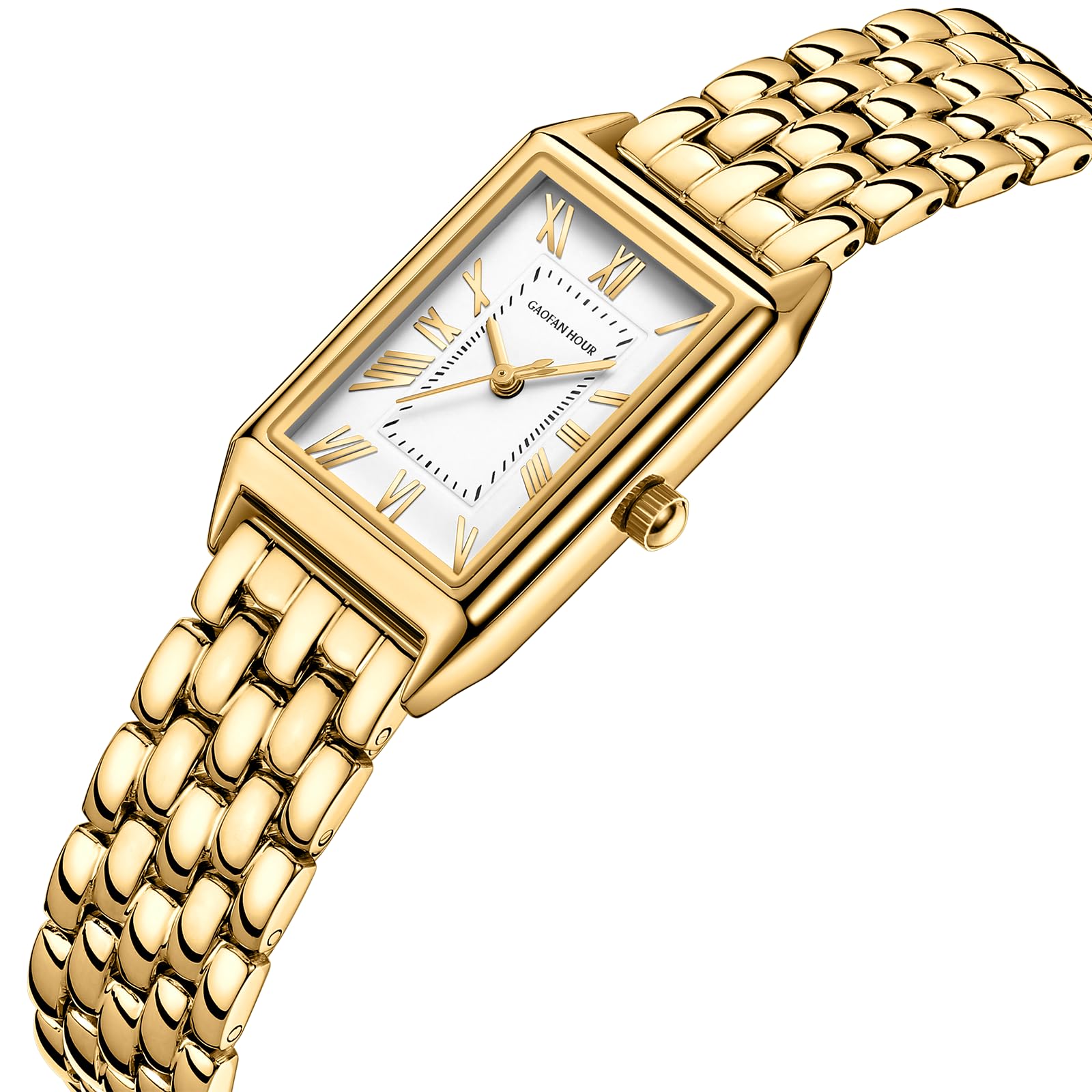 Gold Watches for Women with Vintage Rectangular Case,White Roman Dial,Stainless Steel Band,Adjustment Tool Included,Water Resistant