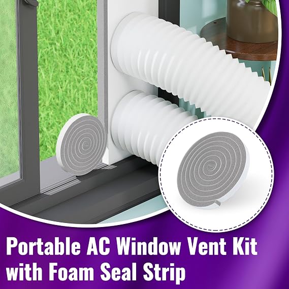 Mxclimate Dual Hose Portable Air Conditioner Window Kit, 5.9 Diameter Portable AC Window Vent Kit, Adjustable Window Seal Plates with Foam Seal Strip, Fit for Sliding & Hung Windows, White