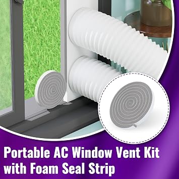 Mxclimate Dual Hose Portable Air Conditioner Window Kit, 5.9 Diameter Portable AC Window Vent Kit, Adjustable Window Seal Plates with Foam Seal Strip, Fit for Sliding & Hung Windows, White