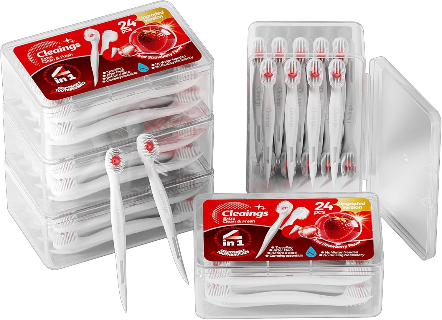 cleaings Mini Disposable Toothbrush Set with Toothpaste  Travel Essentials, Portable Toothbrush for Women & Men, Camping, Road Trip, Vacation, 24 Count-Ice Strawberry Flavor(Pack of 5)