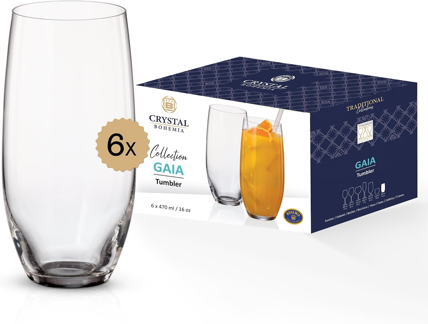 CRYSTAL BOHEMIA GAIA Lead-Free Highball Water Glasses Set of 6, 16 oz Tall