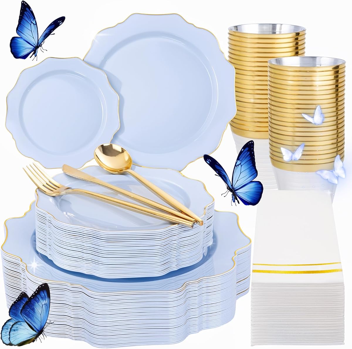 175Pcs Blue Plastic Plates - Heavy Duty Baby Blue Plates Disposable - 25Guests Plastic Dinnerware Ideal for Parties/Wedding/Baby Shower/Spring/First Communion/Father‘s Day