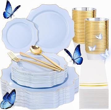 WDF 175Pcs Blue Plastic Plates - Heavy Duty Baby Blue Plates Disposable - 25Guests Plastic Dinnerware Ideal for Parties/Wedding/Baby Shower/Spring/First Communion/Fathers Day