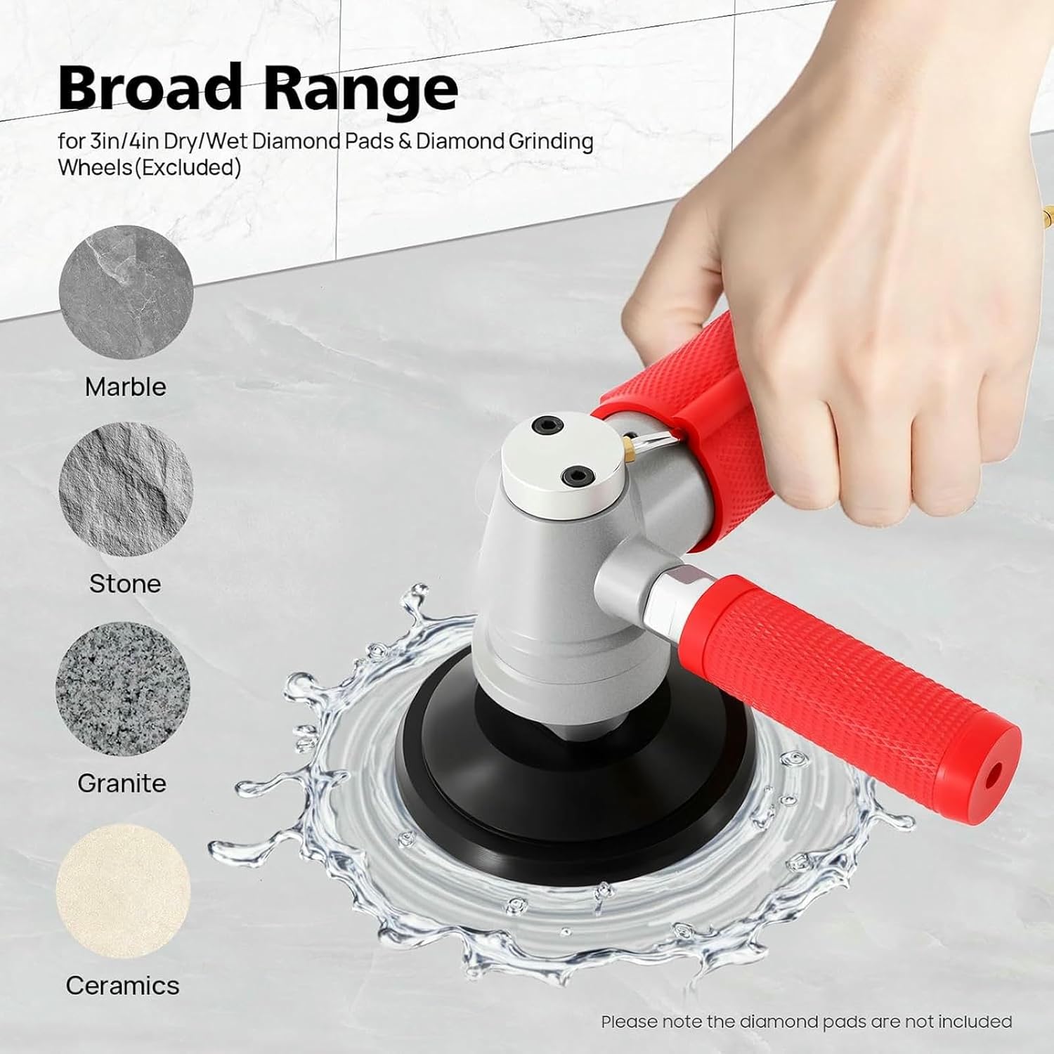 4 Inch Pneumatic Air Wet Stone Grinder, 4300RPM Air-Powered Stone Polisher with Water Pipe, Modern Red Water Mill Pneumatic Polishing Tool for Polishing Marble, Granite, Stone-