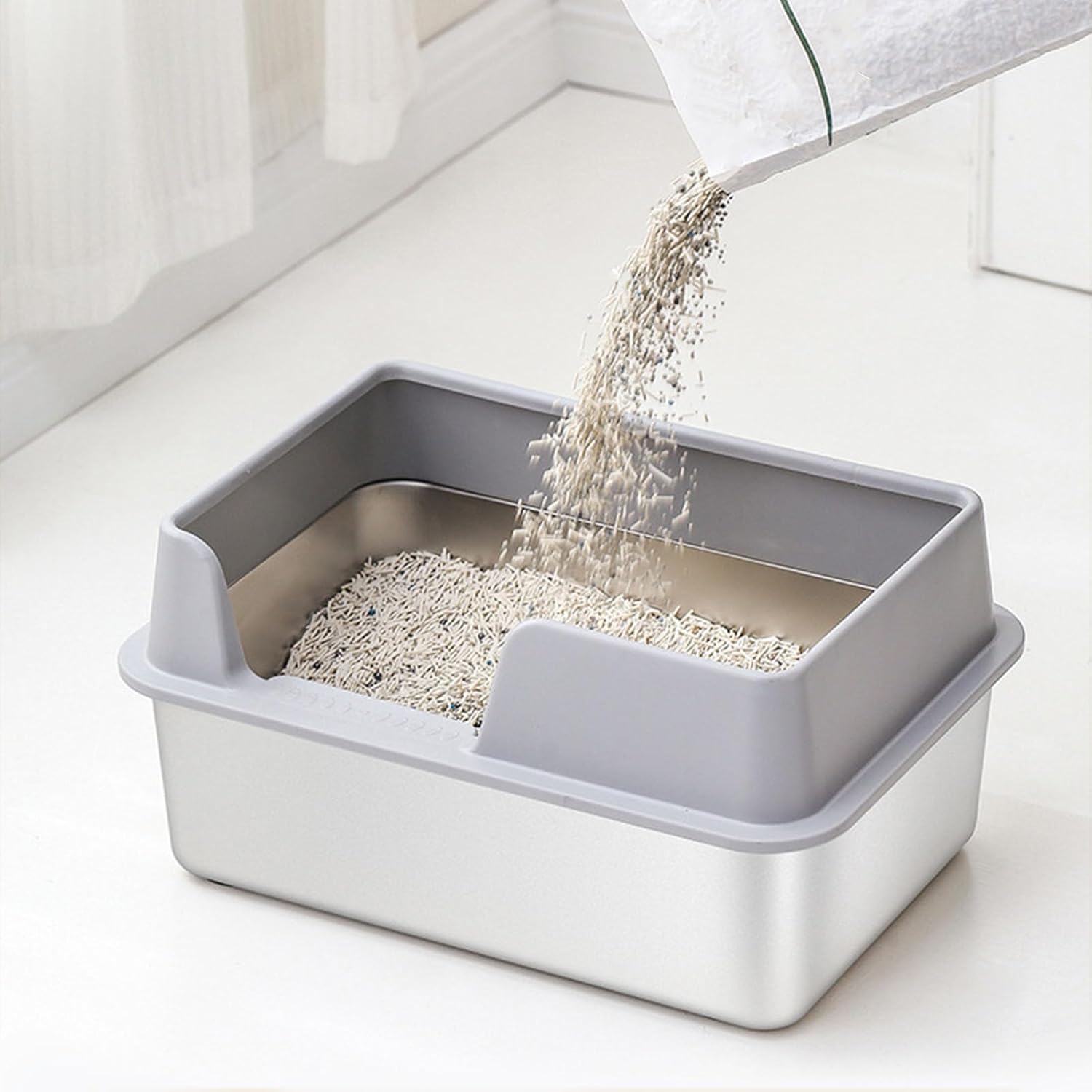 Splash Resistant Stainless Steel Litter Tray Large Open Top Litter Tray with Spoon (Large Grey)