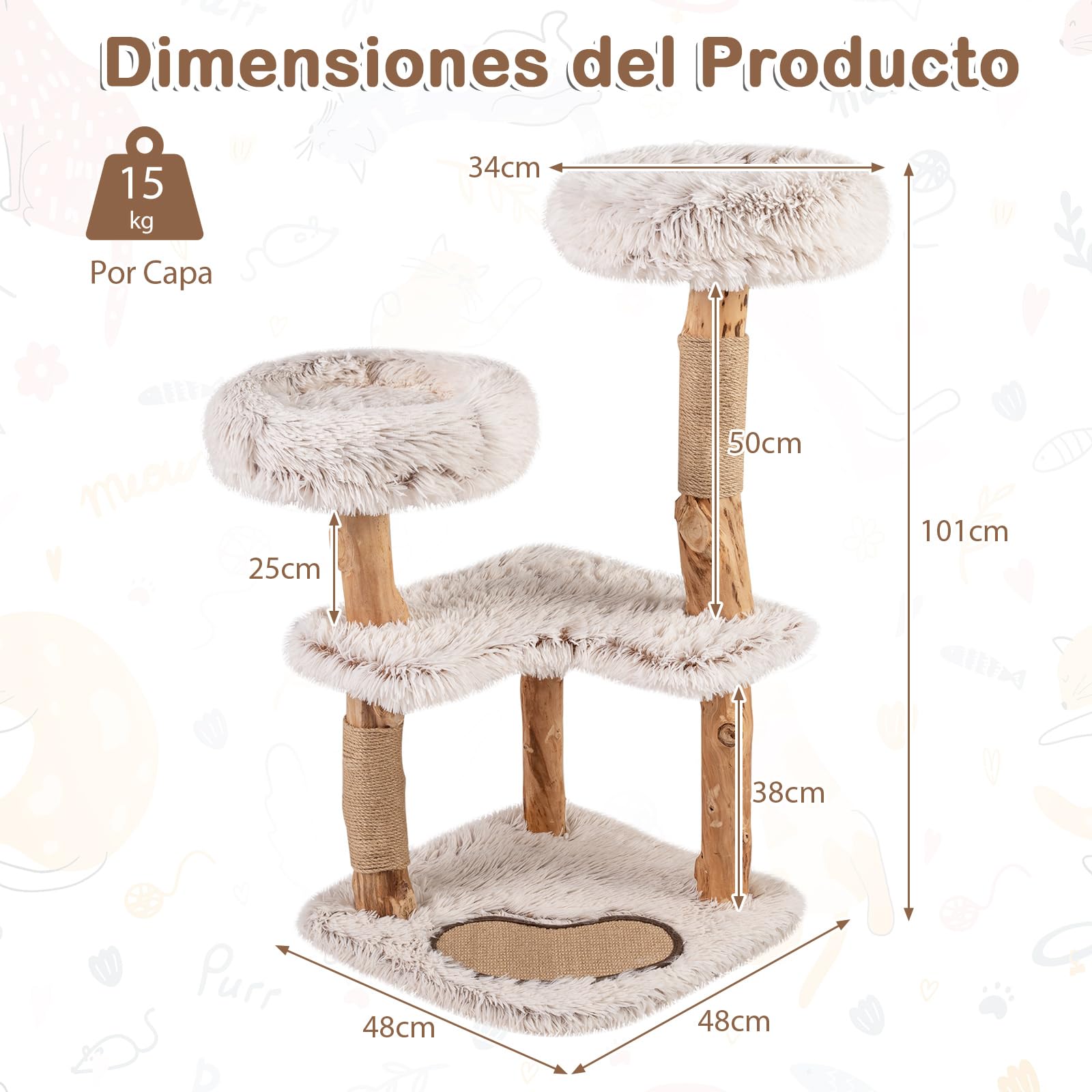 COSTWAY 101 cm Árbol Rascador para Gatos de Madera Maciza, 4 Plataformas Acolchadas de Felpa, Postes Rascadores y Alfombrilla, Torre Rascador para Gatos en Forma de Ramas de Bohemio para Interior