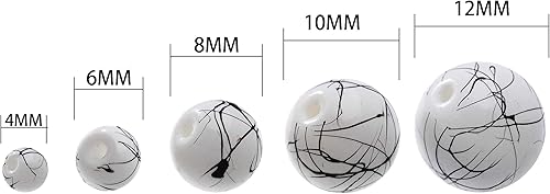 Miniatura 3 de RUBYCA 300 cuentas de vidrio sueltas de varios tamaños para la fabricación de joyas, blanco opaco, salpicaduras de pintura negra