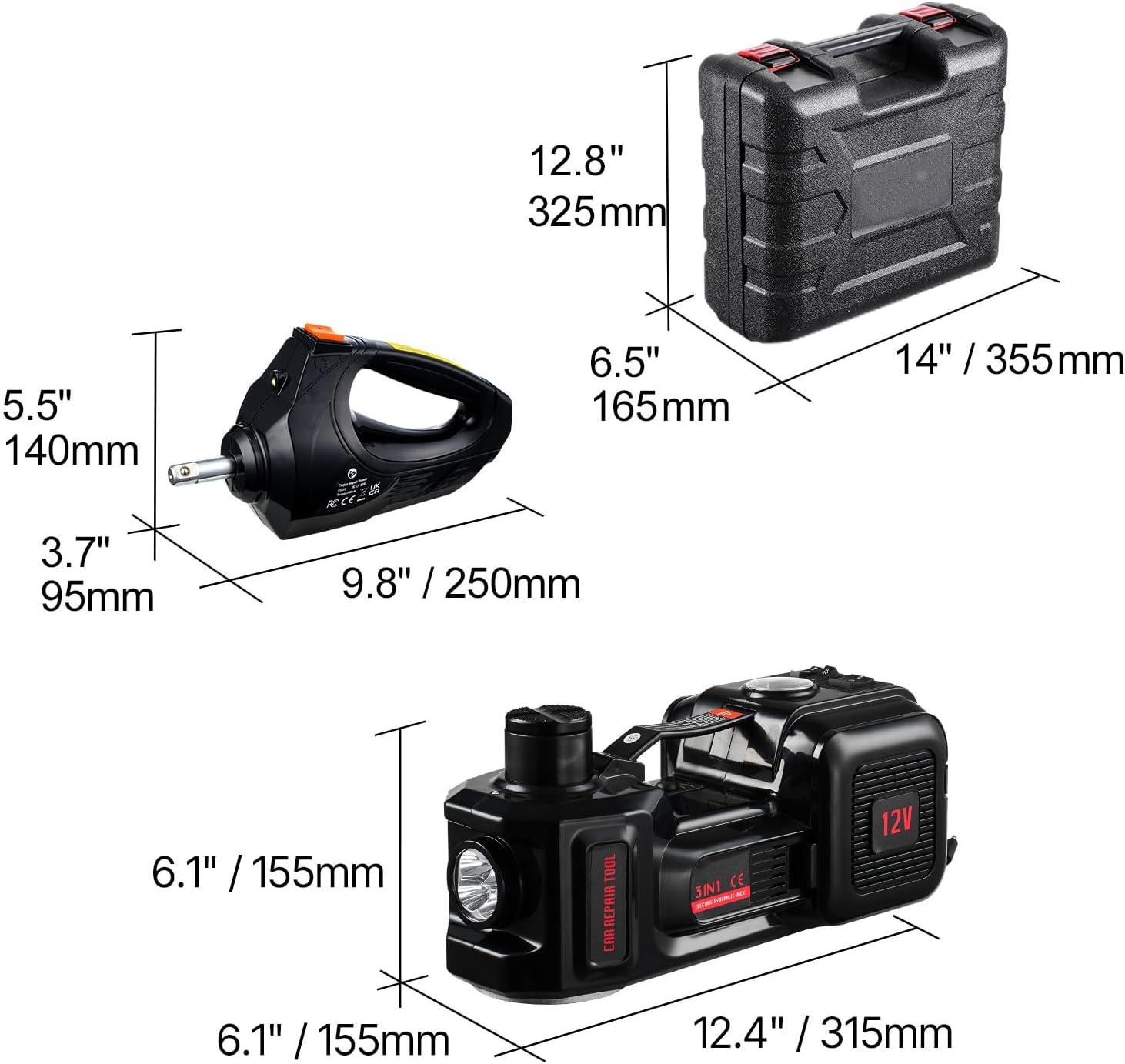 Dimensions of the Happybuy Electric Car Jack, Wrench, and Tool Case