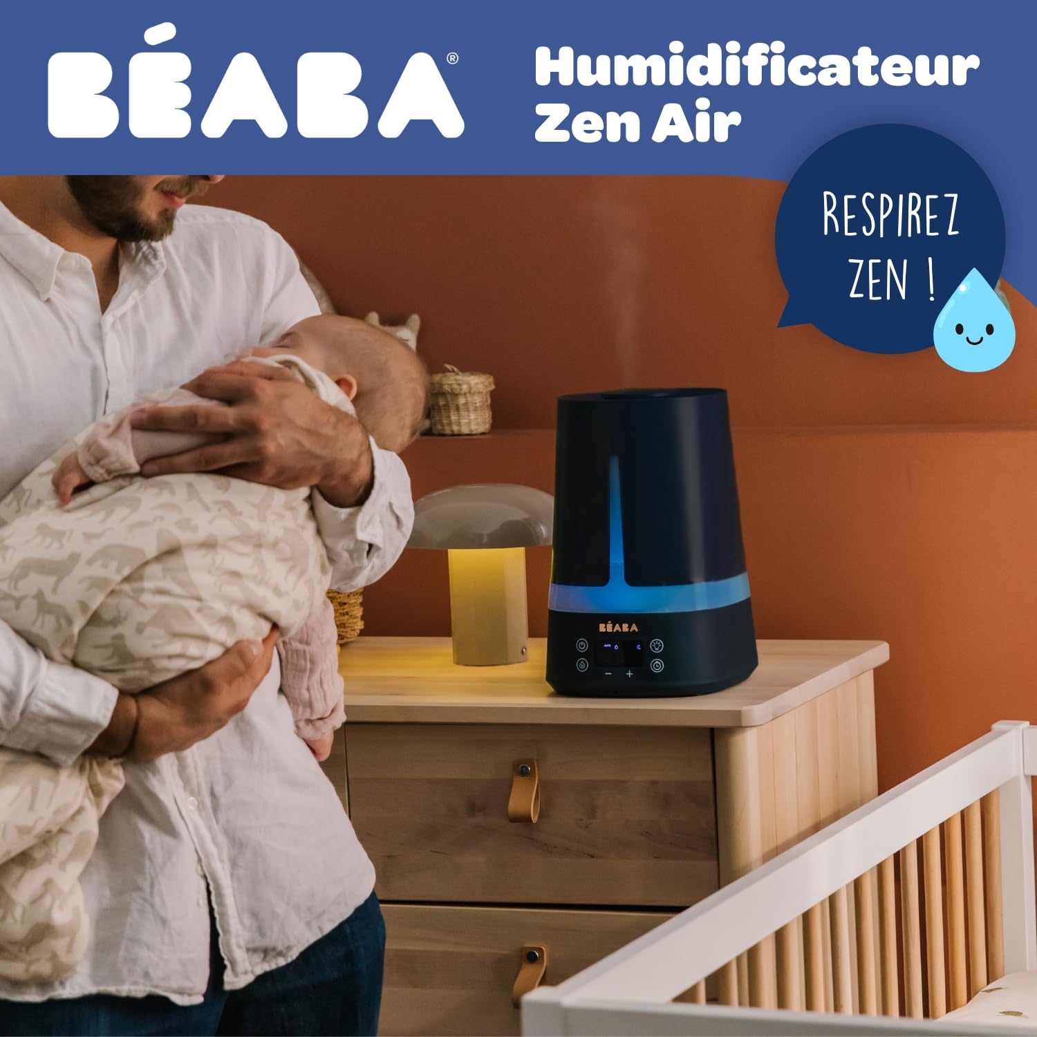 BÉABA, Humidificateur d'Air Chambre Bébé, 4L, 27h Diffusion Continue, Silencieux, Veilleuse 7 couleurs 3 niveaux luminosité, Buse 360°, 2 Modes, Ecran LED, Minuteur, Night blue