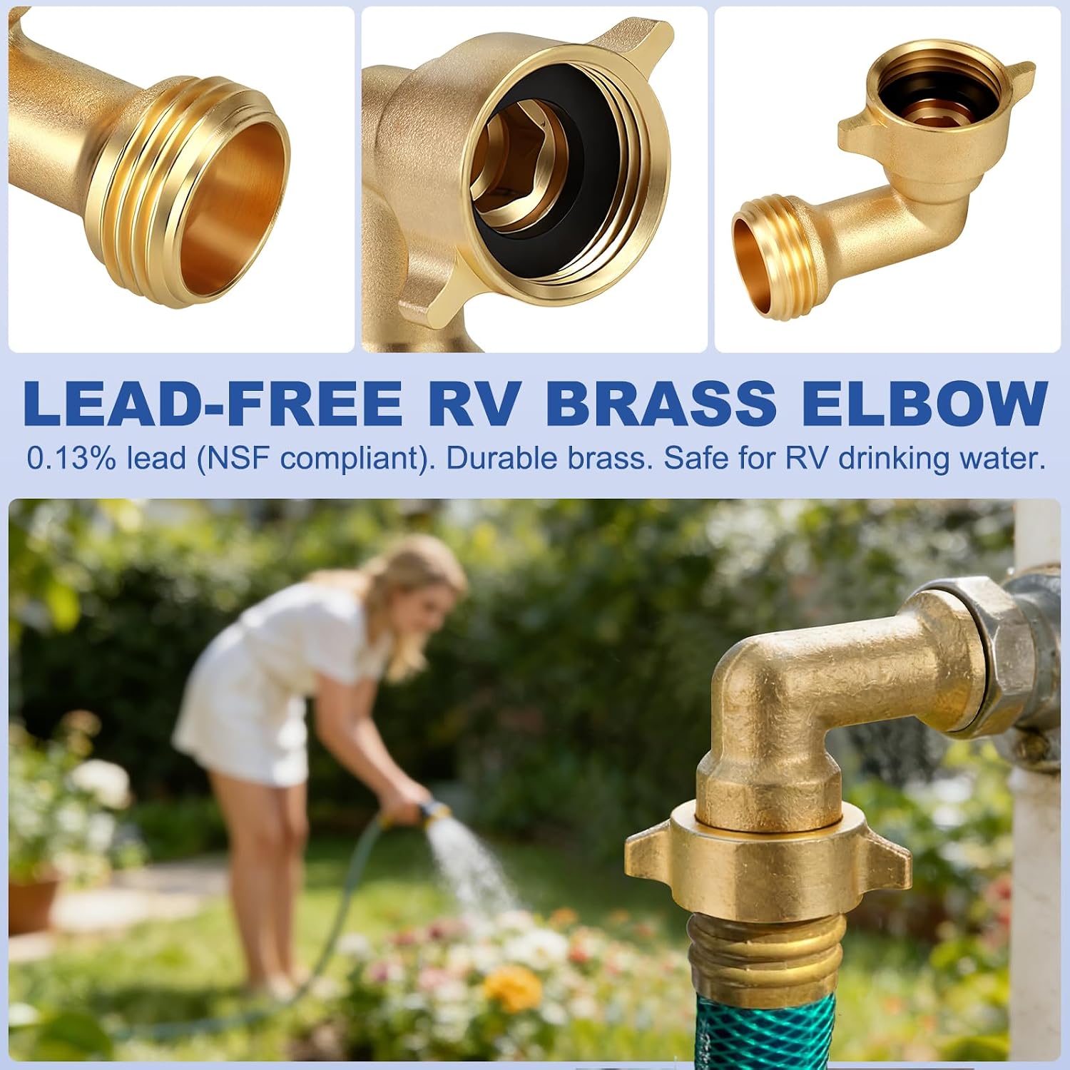Solid Brass RV 90 Degree Hose Elbow, 3/4" Leak-Free Garden Connector 1 pack | 360° Swivel hose connector, NSF Low-Lead Safe, Corrosion Resistant, Weatherproof, for Outdoor Faucets, Home, RV Hookups