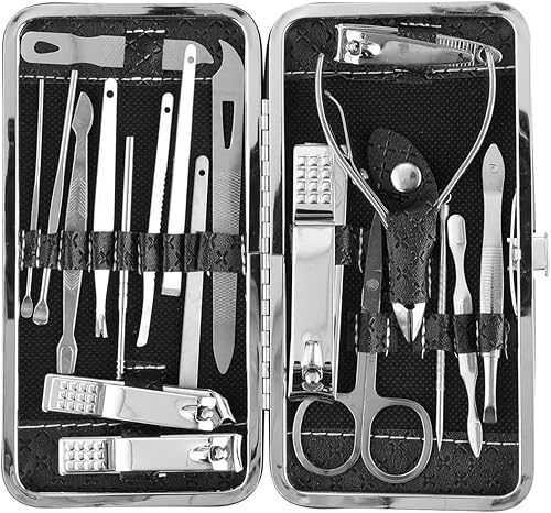 Miniatura 3 de Juego de 19 piezas de cortaúñas negras, de acero inoxidable, antisalpicaduras, cortaúñas con boca plana, lima para el hogar, para manicura,