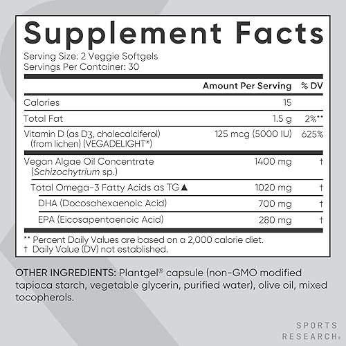 Miniatura 6 de Sports Research Cápsulas blandas veganas de omega-3 con vitamina D3 – 1020 mg Omega-3 y 5000iu D3 – Alternativa al aceite de pescado con vitamina D