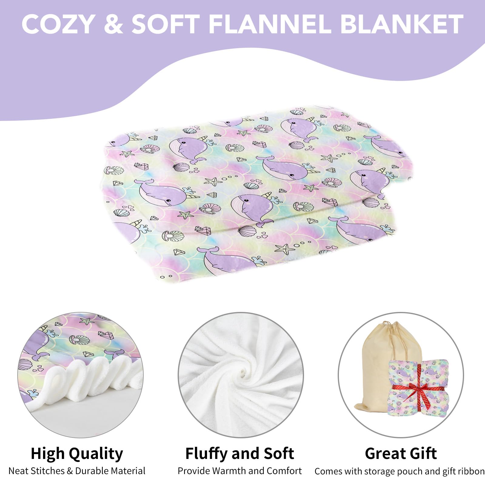 Narwhal Baby Throw Blanket for Girls Soft Cozy Cute Rainbow Mermaid Narwhal Theme Plush Flannel Crib Blanket for Nursery 80x120 cm Purple Narwhal Fleece Blanket for Couch Newborn Toddler Kids Gift - Image 3