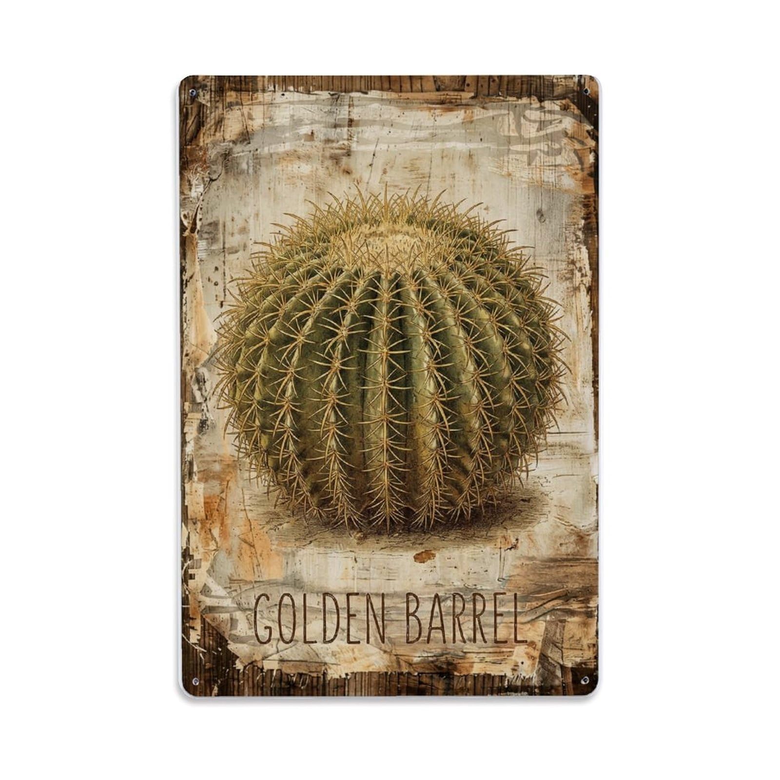 Fqnyr Style Golden Barrel Cactus Metal Tin Sign Plaque Wall Decor For Cafe, Club Bar, Office, Home Garden Metal Poster 8X12inch
