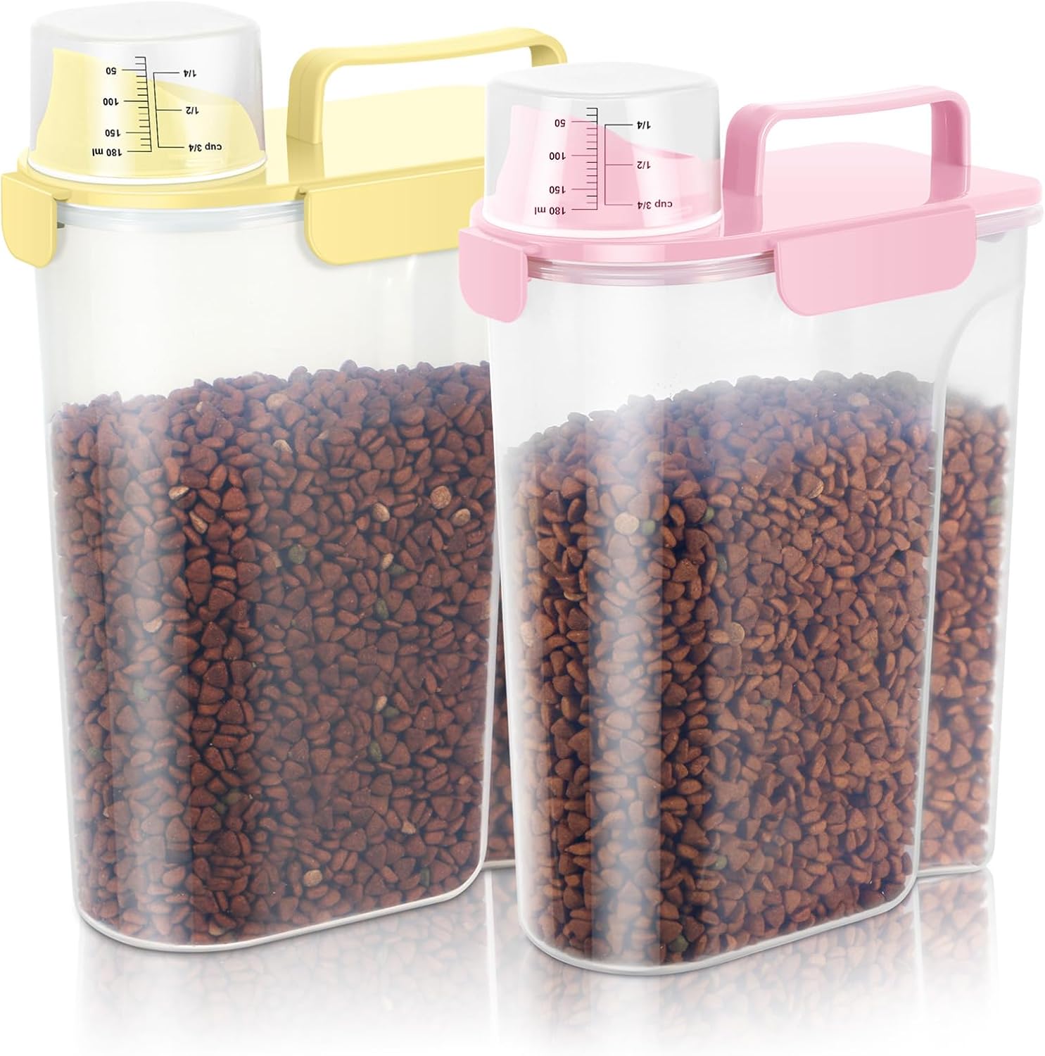 Cat Dog Storage Container, Portable Pet Food Containers with Upgraded Large Spout and Cup, Small Animal Kibble Dispenser for Bird Seed, Oatmeal, Rice, Flour, Brown Sugart 5-7Lbs 2Pack