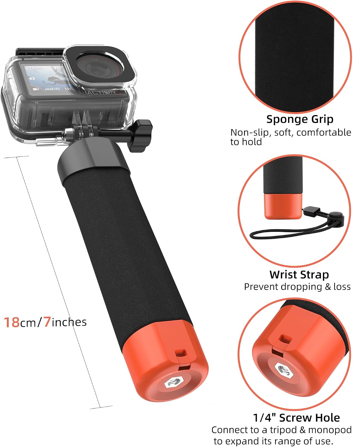 Osmo Action Waterproof Case + Floating Handle Grip for DJI Action 5 Pro/4/3, Xtra Edge Cameras, Diving Accessories Kit/Underwater Stick/Monopod/Housing Shell Cage for Scuba, Snorkeling, Water Shooting