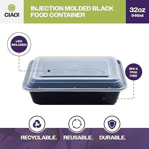 Miniatura 2 de CIAO! Recipiente de alimentos rectangular negro moldeado por inyección de 32oz con tapa (150caja)