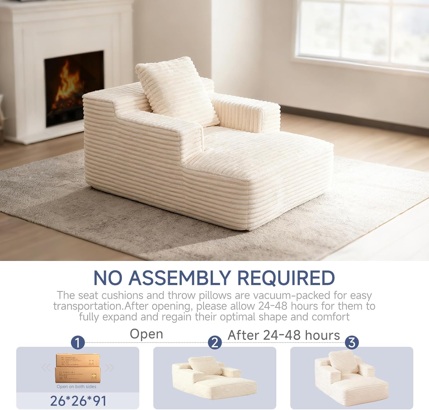 45'' Chaise Lounge Chair Indoor, Corduroy Upholstered Boneless Sofa Bed, Deep Seat Sleeper Couch Reading Chairs, Small Comfy Cloud Sofas Couches for Living Room, Bedroom, Movie Room (Beige)