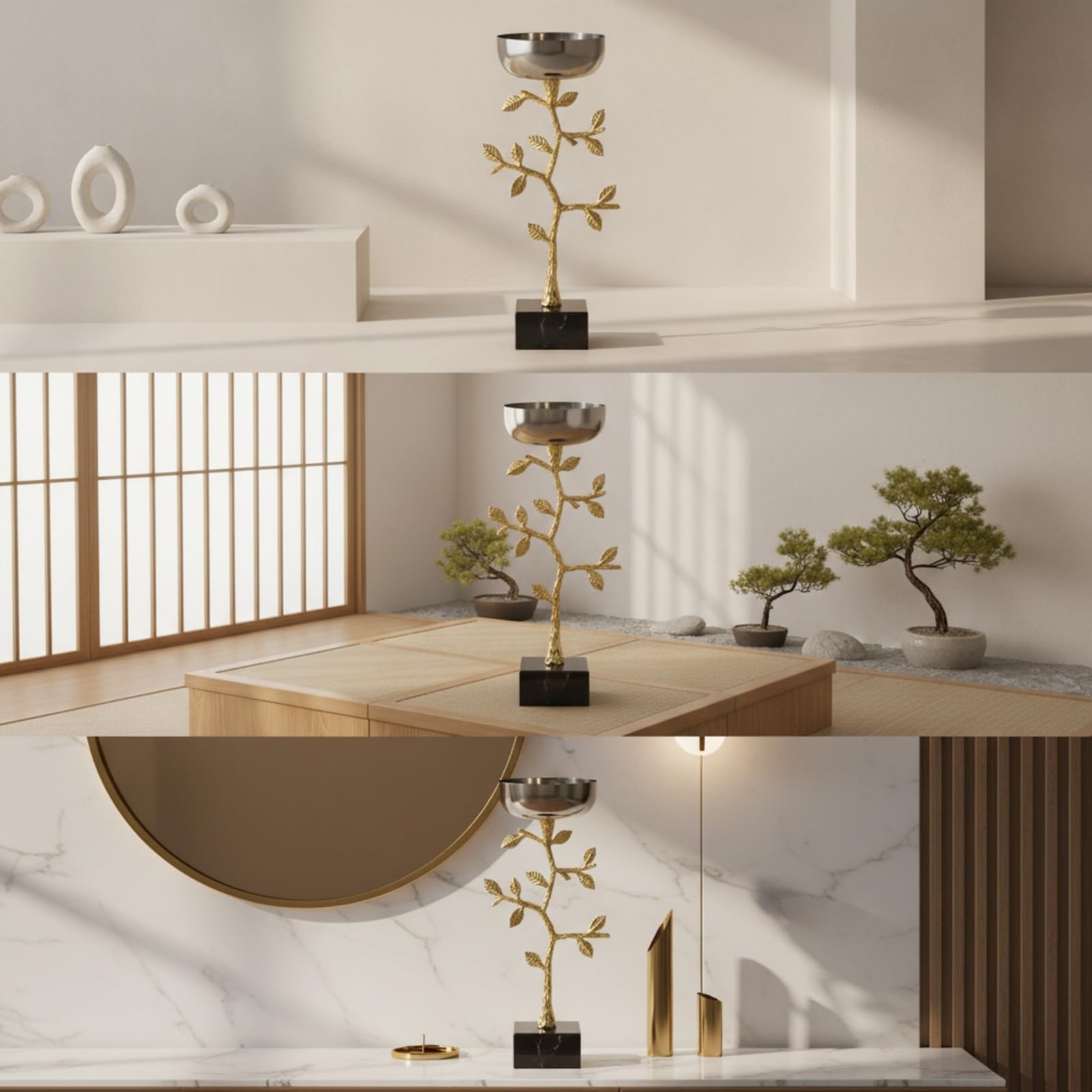 LOVIVER Portacandele Portacandela Candelabro Candeliere in Lega con Coppa in Acciaio Inossidabile E Base Quadrata Nera Stelo Dorato con Foglie Tavola Mensola, S