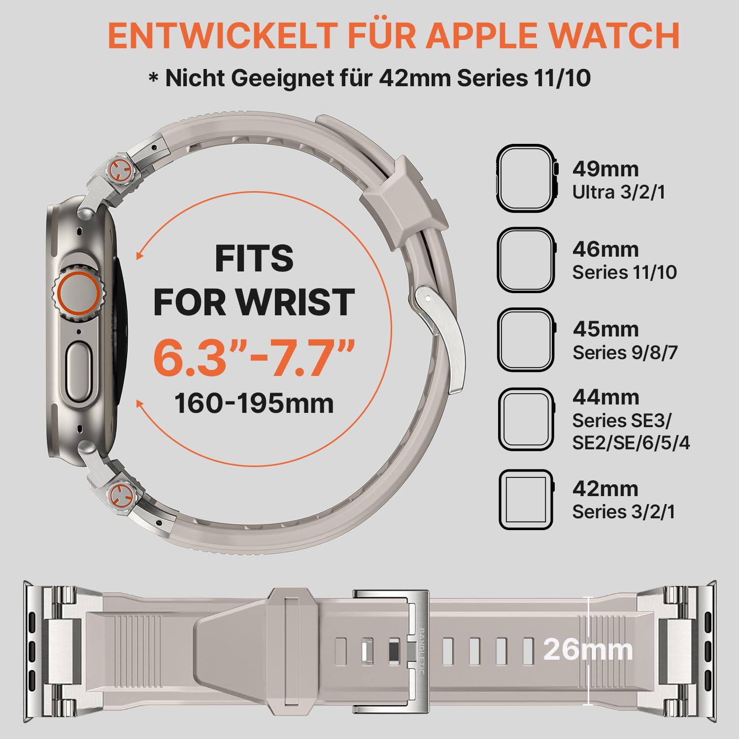 Bandletic Armband Kompatibel mit Apple Watch Ultra 2/Ultra 3/Ultra 49mm | Robustes FKM Ersatzarmband für iWatch Series 11/10 46mm 9/8/7 45mm SE/6/5/4 44mm 3/2/1 42mm Metallverbinder,Polarstern