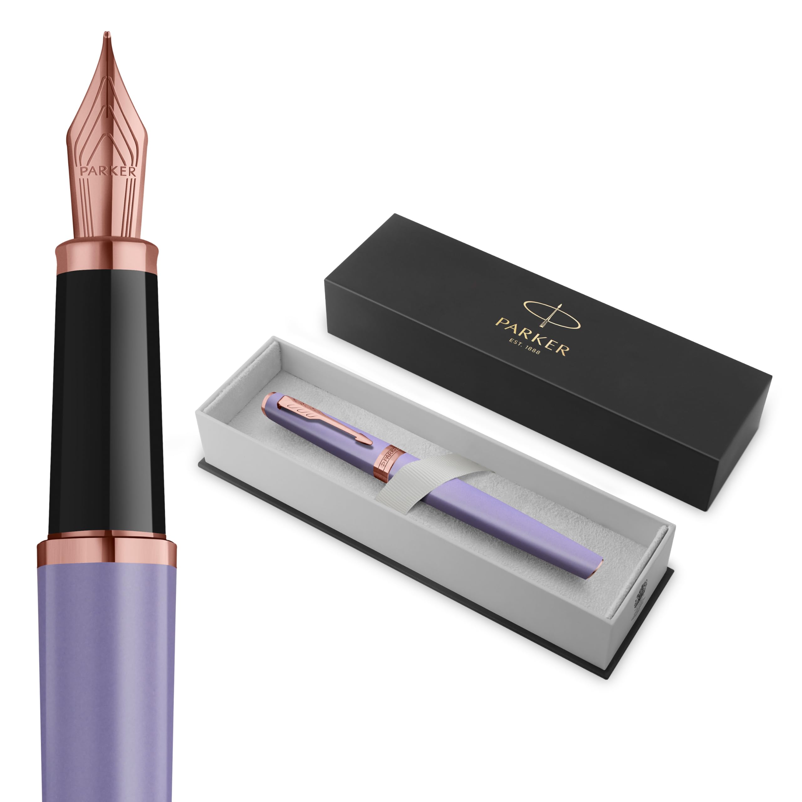 PARKER Meridian Fountain Pen | Lilac Lacquer with Rose Gold Trims | Medium Nib | Handwriting Pens & Stationery Supplies | Blue Ink | Luxury Gift Box