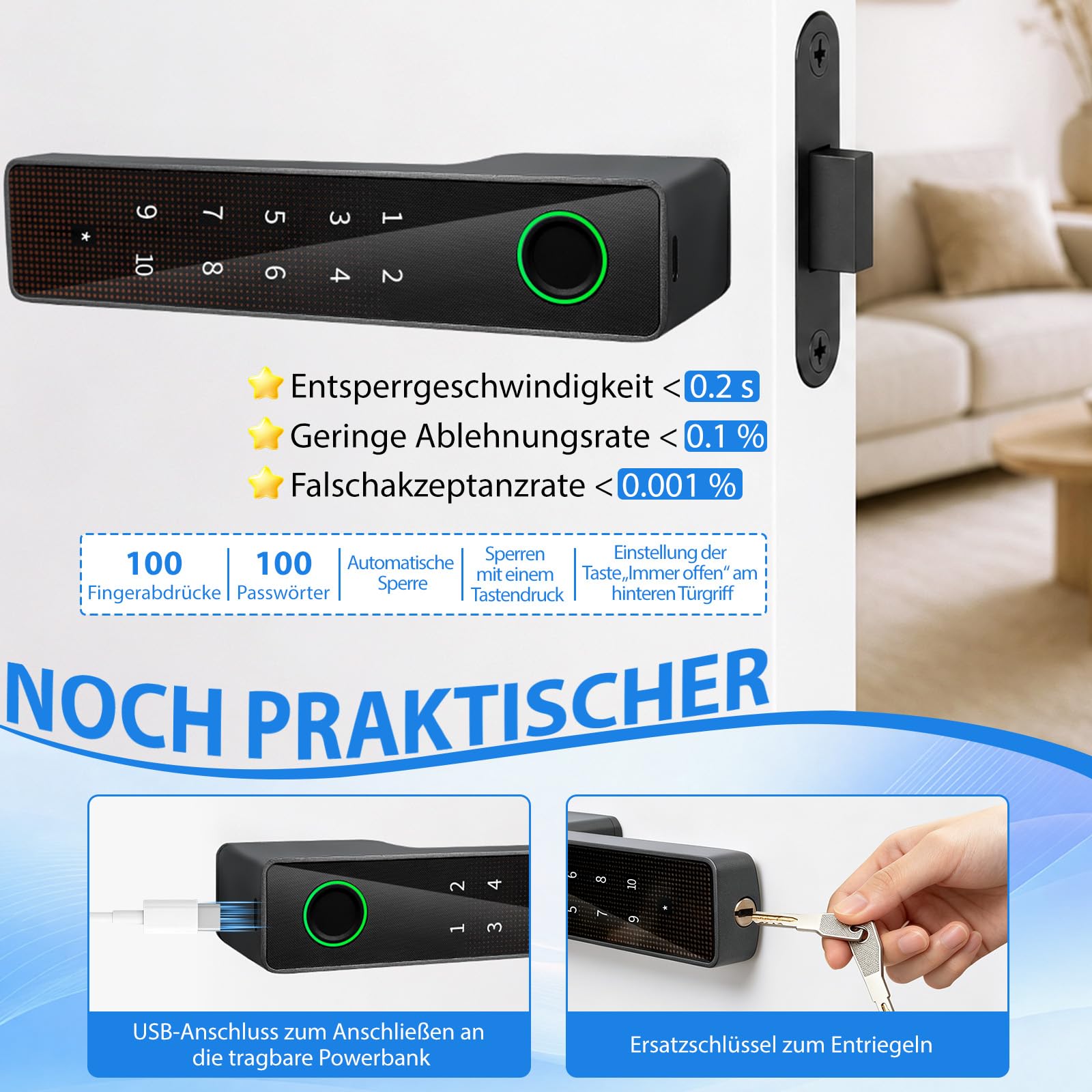 5-in-1 Türöffner Fingerabdruck, Türschloss mit Zahlencode, Smart Türschloss mit Fingerabdruck, APP, Code, Schlüssel & biometrischer Entsperrung für Schlafzimmer, Zuhause, Hotel (schwarz)