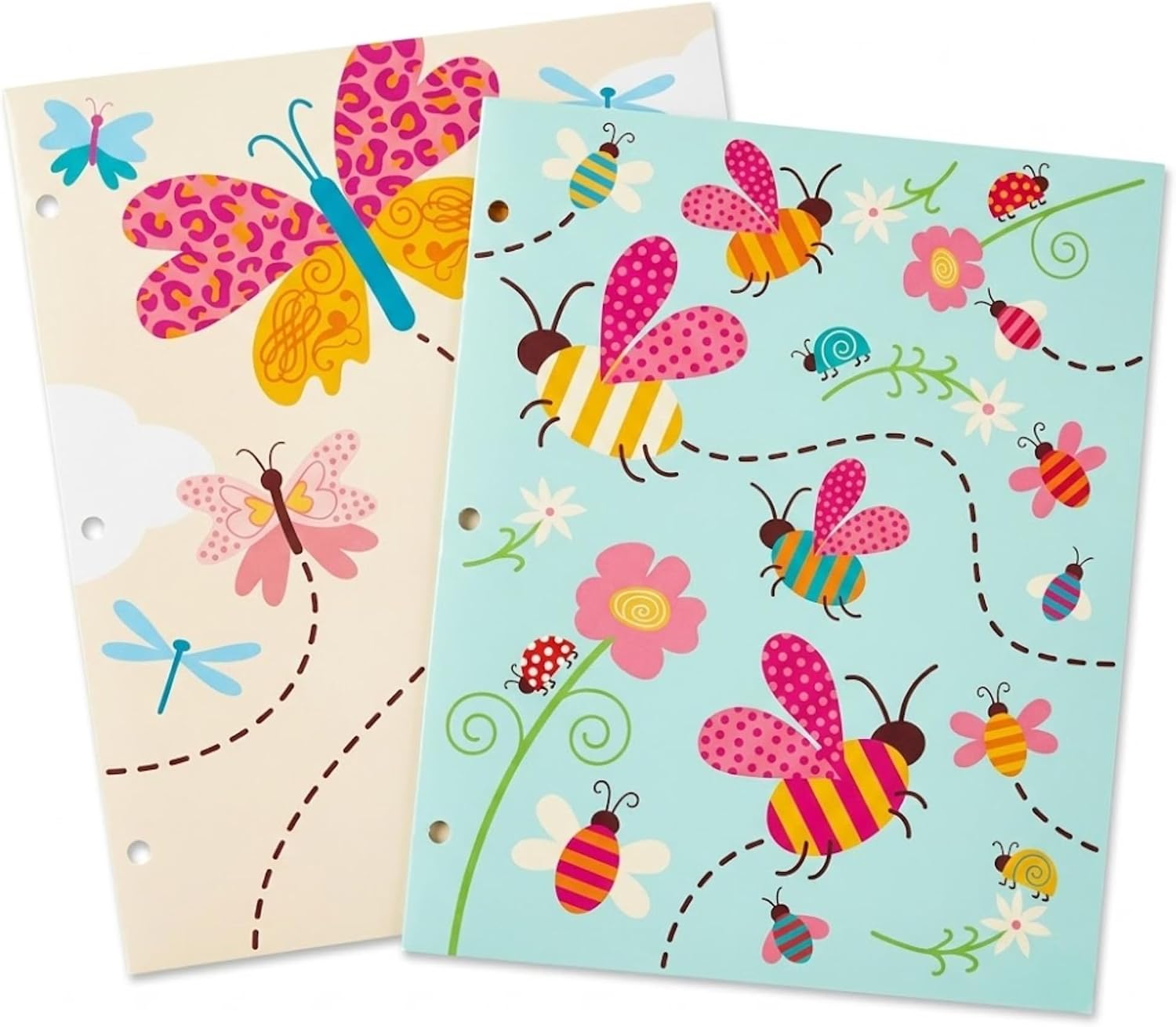 2 Pocket Folders Portfolios, 2 Designer Patterns Decorative Folders for Kids, Home, Office, School (Yellow/Teal Butterfly and Bees)