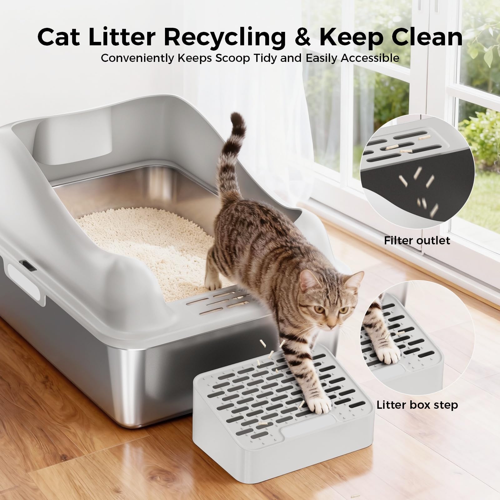 GTPLAYER XL Stainless Steel Cat Litter Box for Big & Multiple Cats, Easy Clean Odor-Resistant Design, High Sided Leak-Proof Litter Box with Mat & Scoop – Dark Grey - image 4
